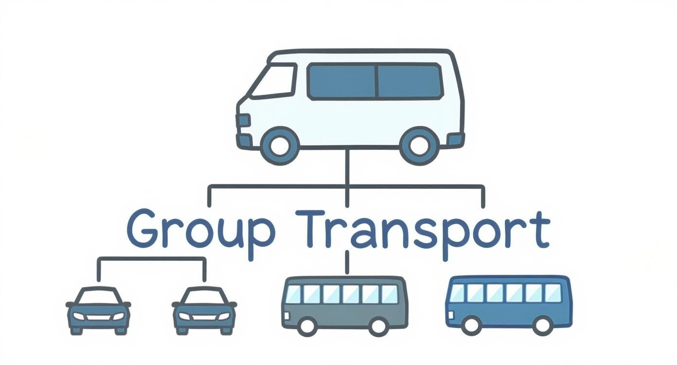 Diagram illustrating various vehicles for group transport, including a van, cars, and buses.