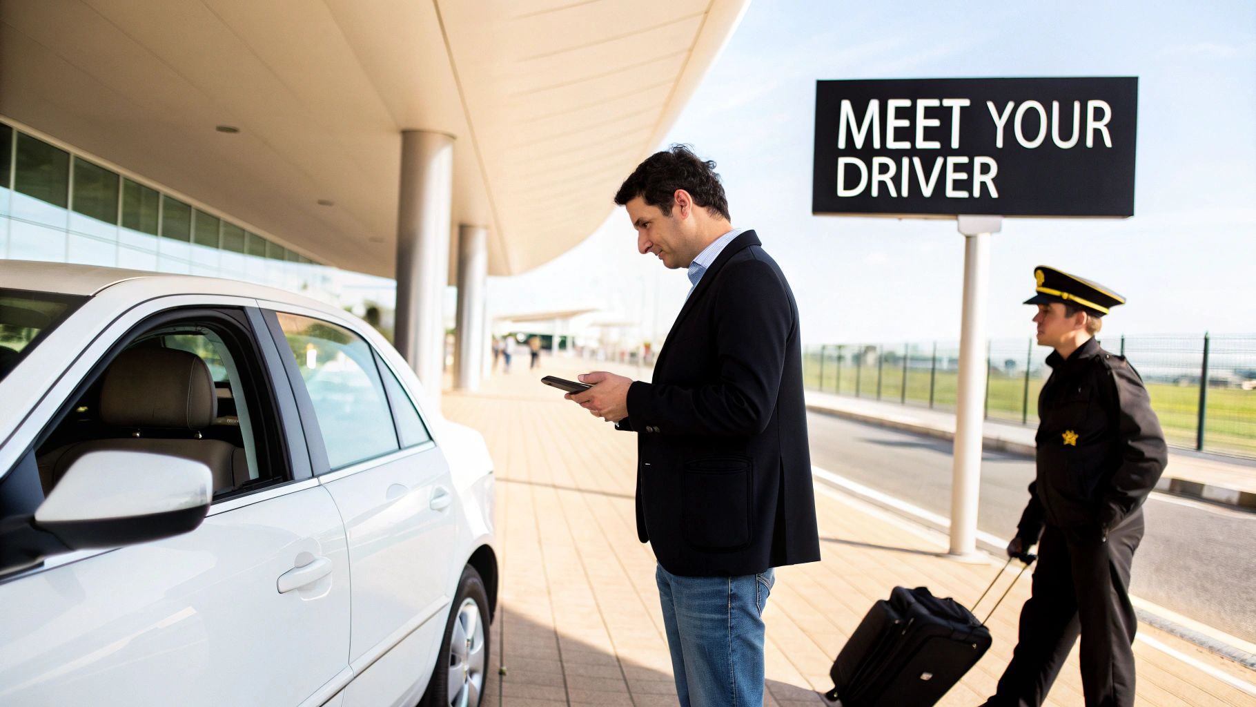 A man checks his phone as a driver with a suitcase approaches a waiting car.