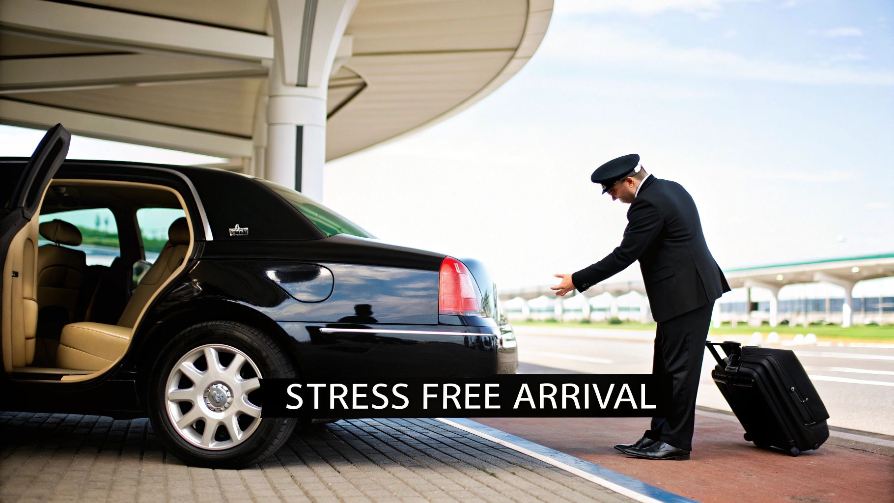 A uniformed chauffeur in a suit opens the door of a black luxury car, assisting with luggage for a stress-free airport arrival.