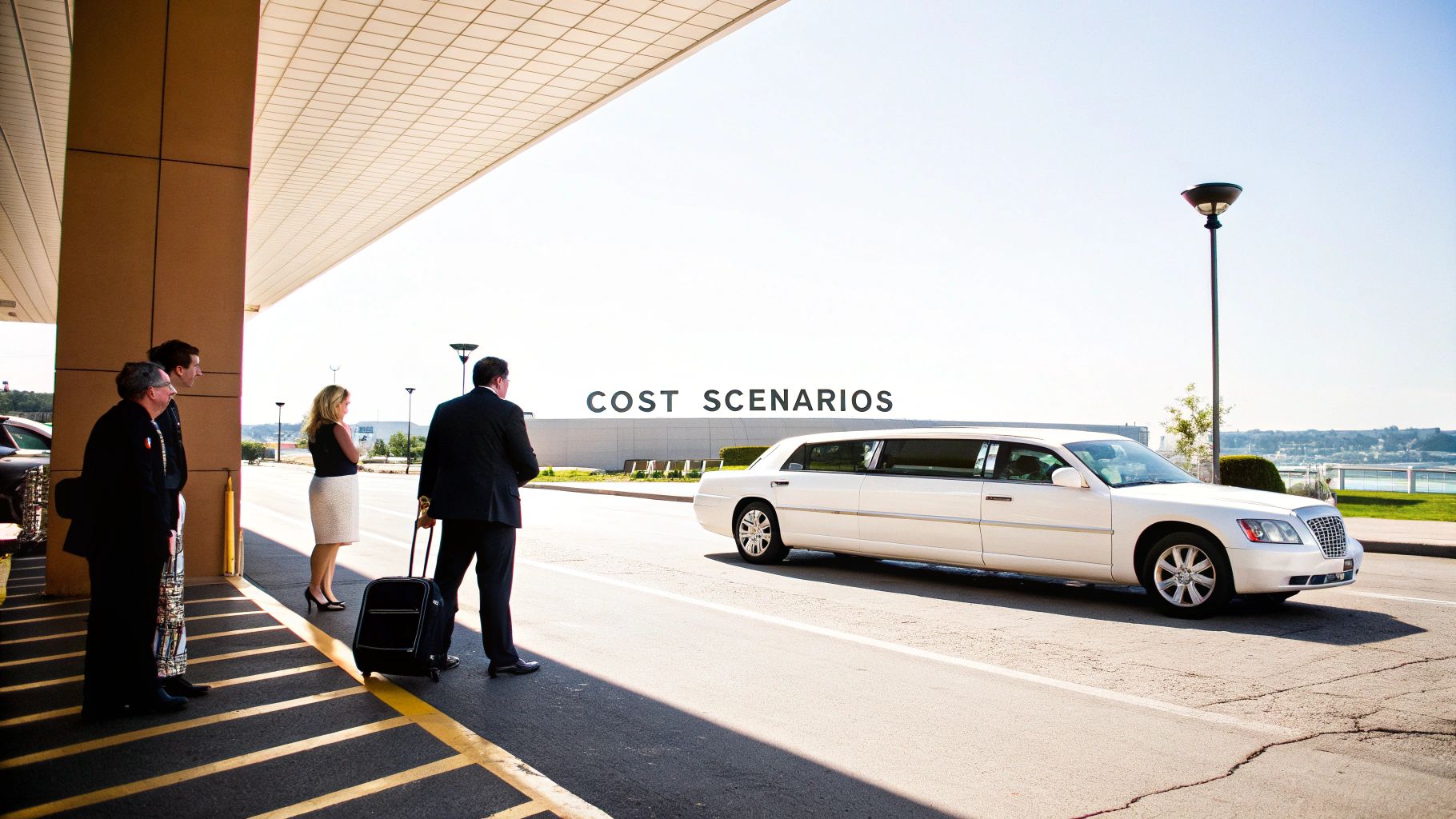 Business people with luggage waiting for a white stretch limousine outside a building.