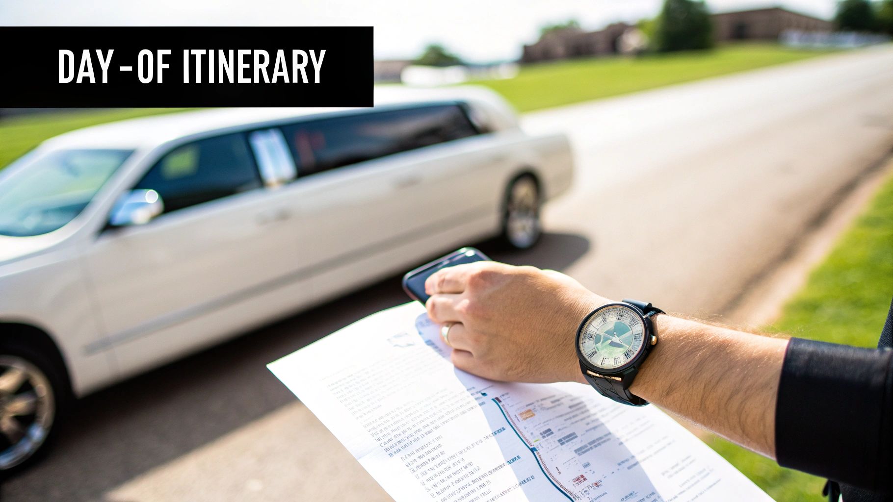 A gleaming white wedding limousine waits for a couple in Chicago