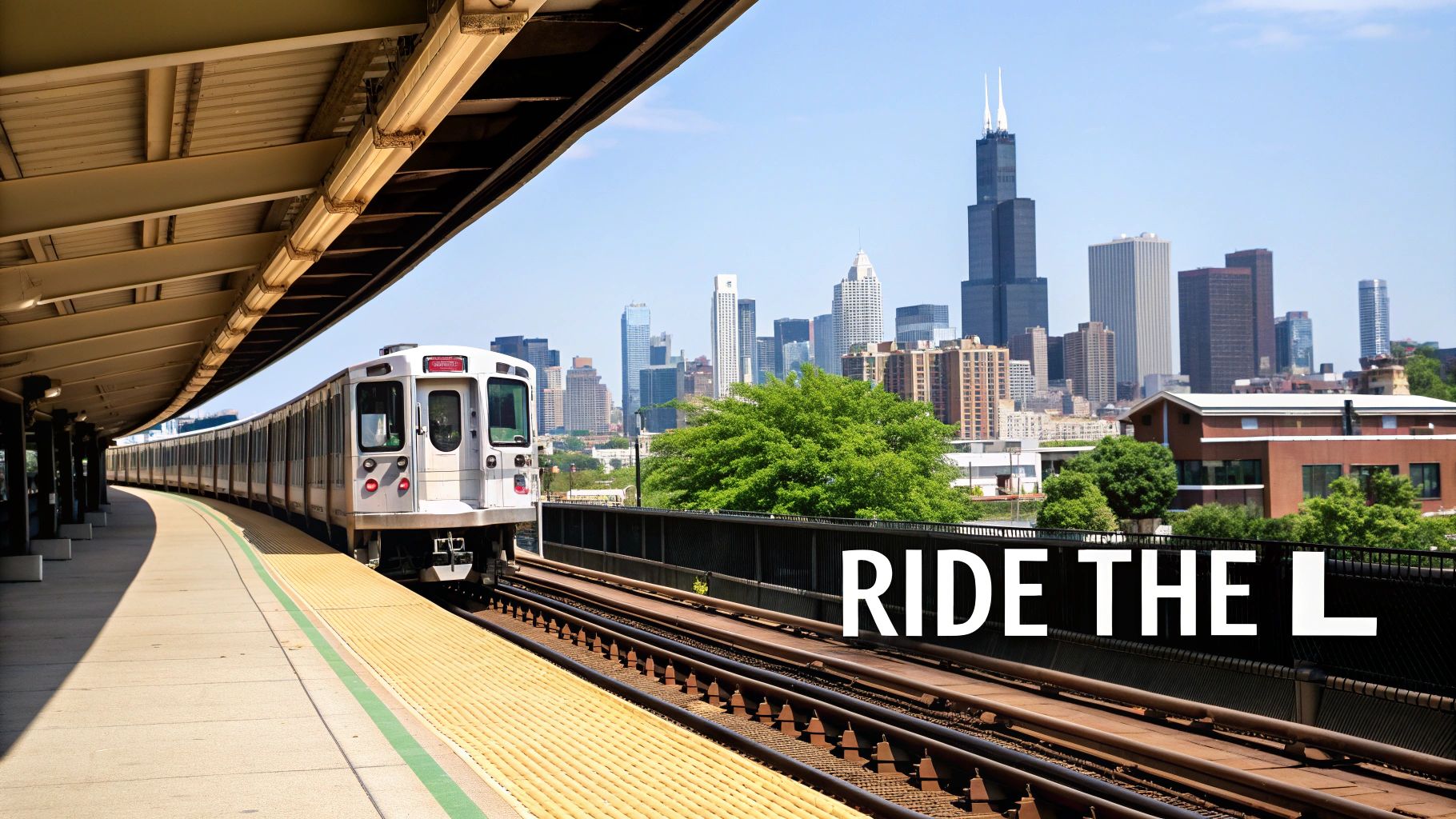A Chicago 'L' train moving along elevated tracks with the city skyline in the background