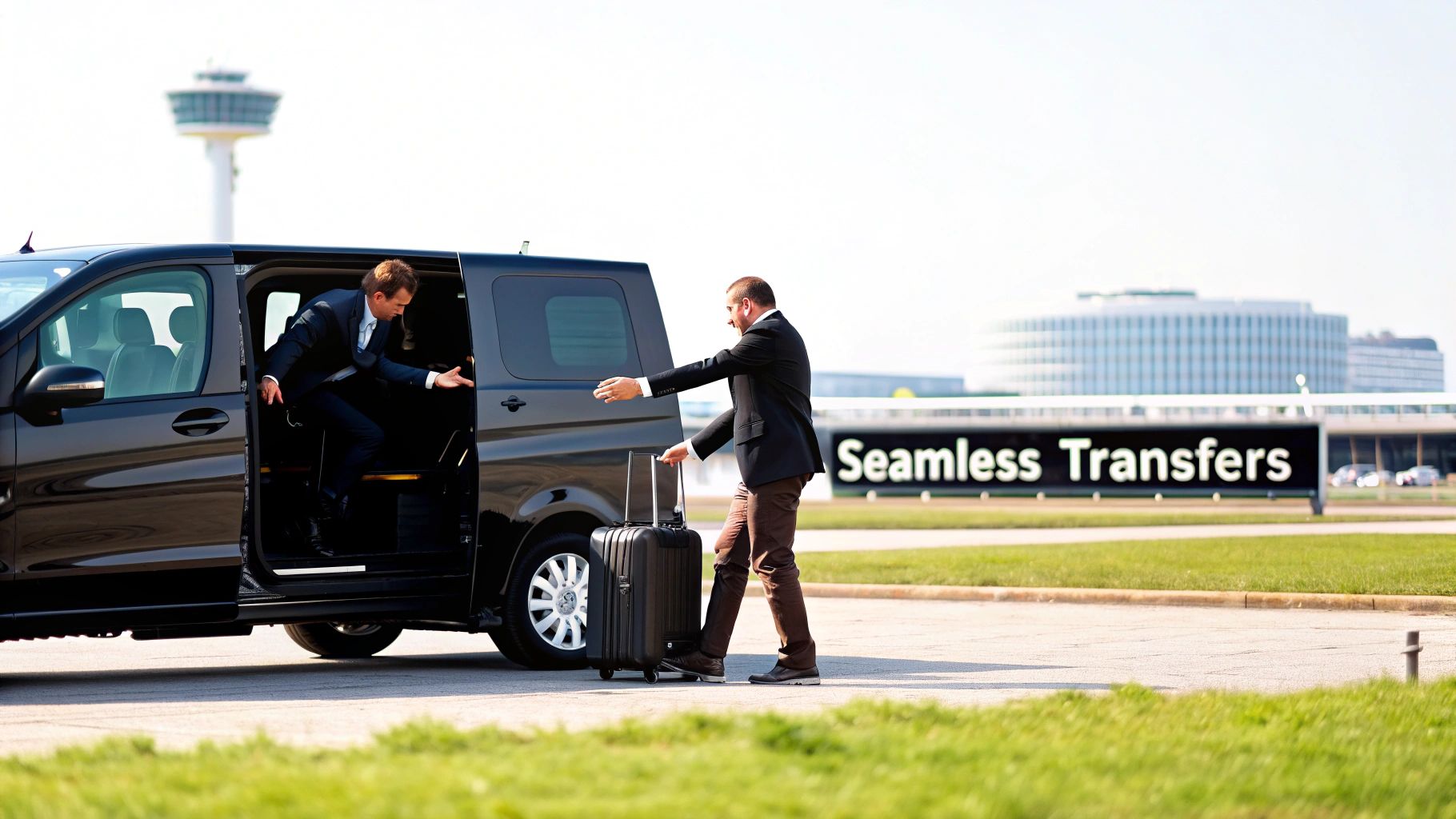 Two businessmen with a black shuttle van and luggage at an airport for seamless transfers.