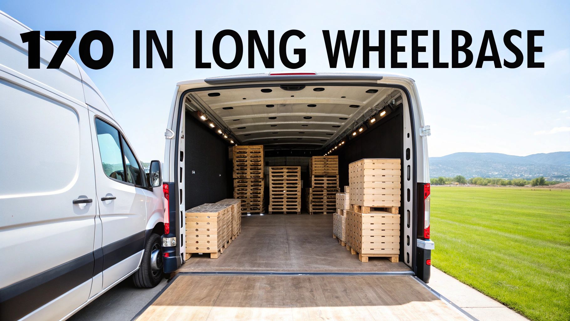 White cargo van, 170-inch long wheelbase, with rear doors open revealing many wooden crates and pallets.