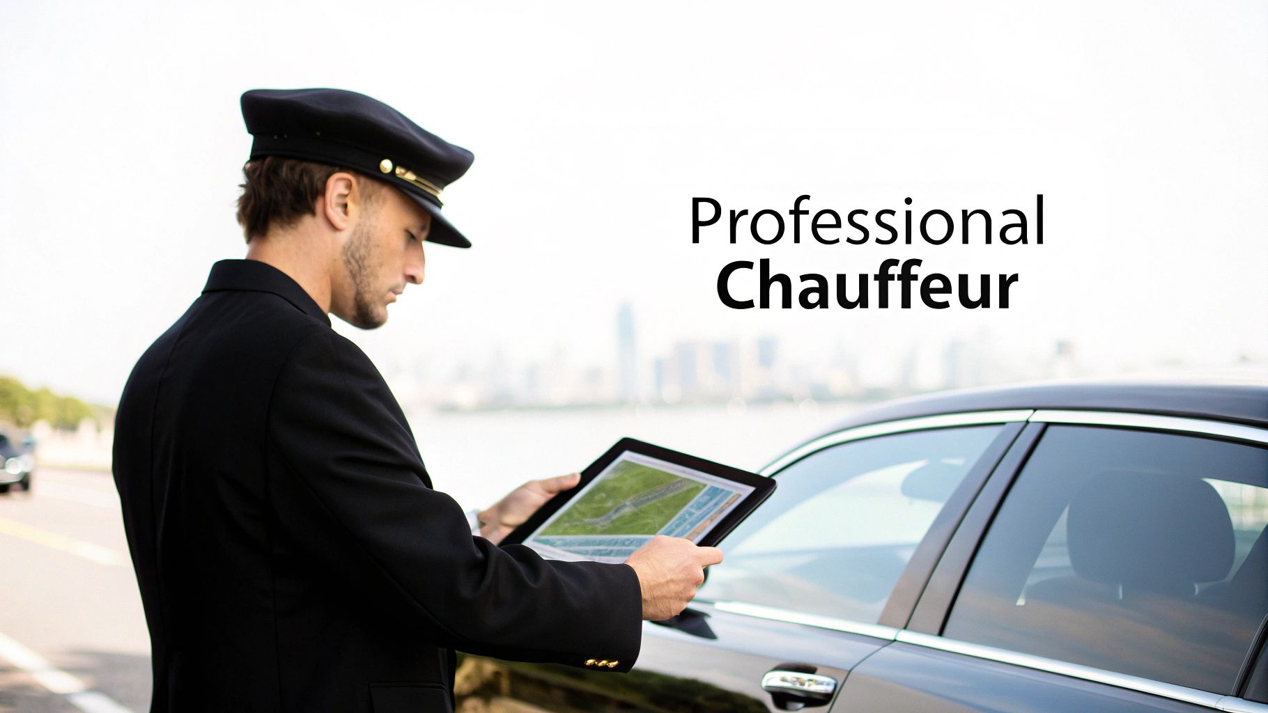 Professional chauffeur in uniform holding tablet next to luxury limousine at airport