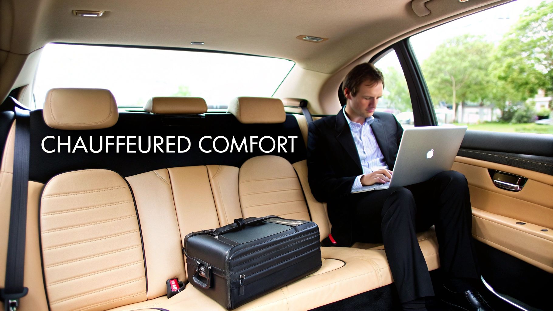 A professional chauffeur opening the door of a luxury limousine for a client