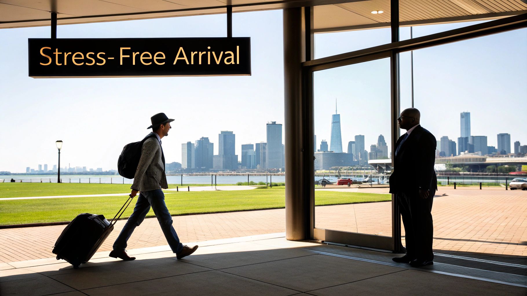 A man with luggage walks under a 'Stress-Free Arrival' sign with a cityscape in the background.