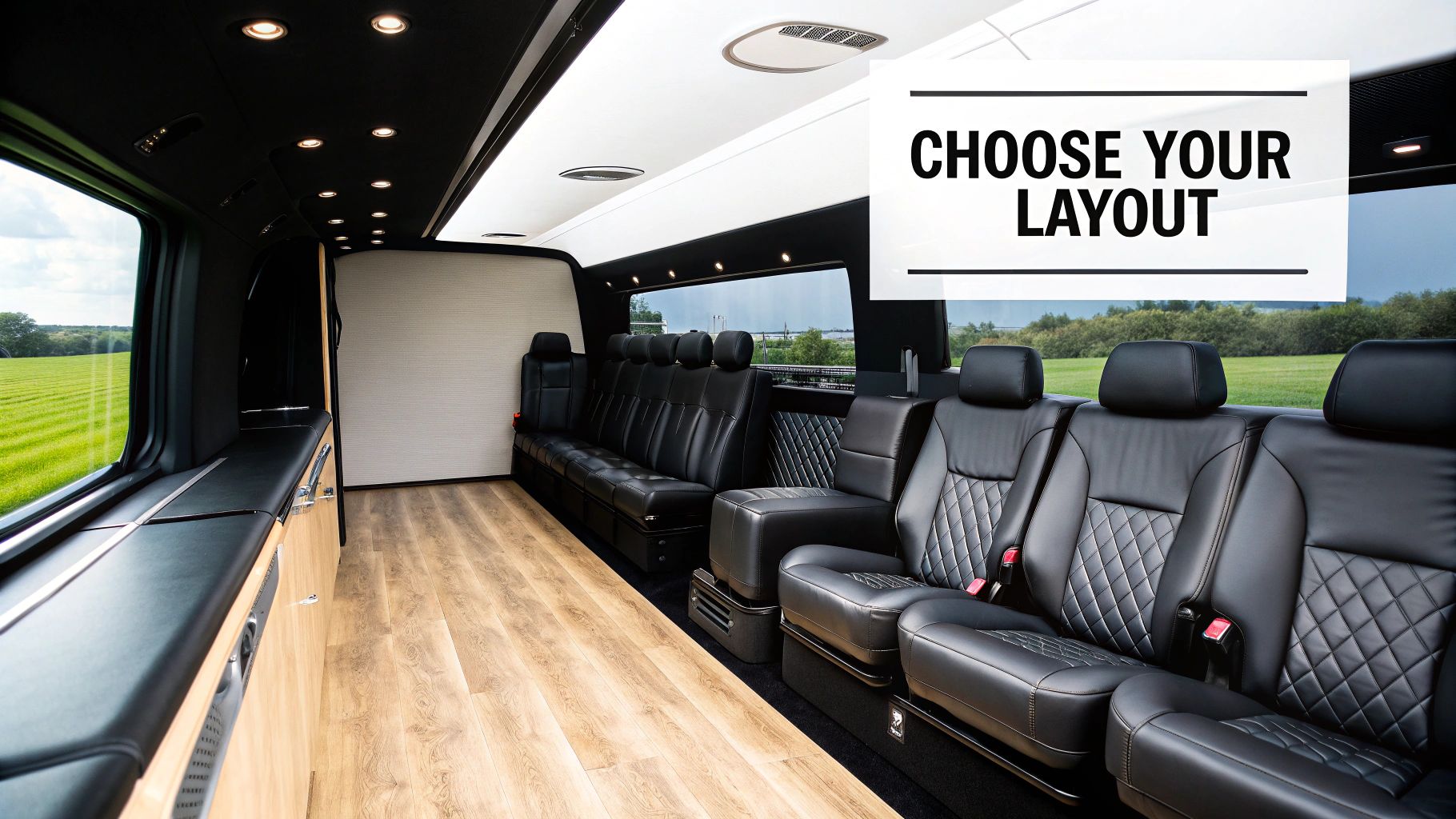Luxurious interior of a Mercedes Sprinter limousine bus with black leather seats, wood floor, and overhead lighting.