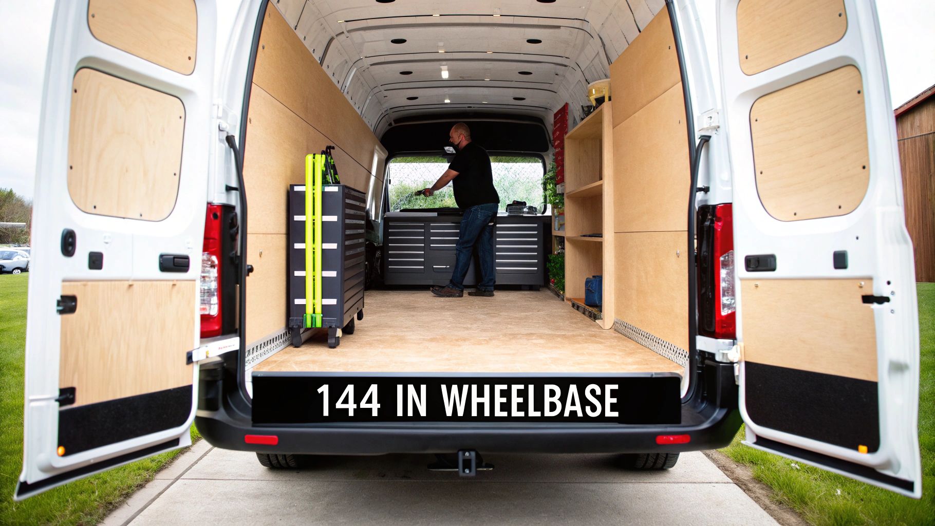 Customized white cargo van interior with open doors, a man working at a workbench and shelves.