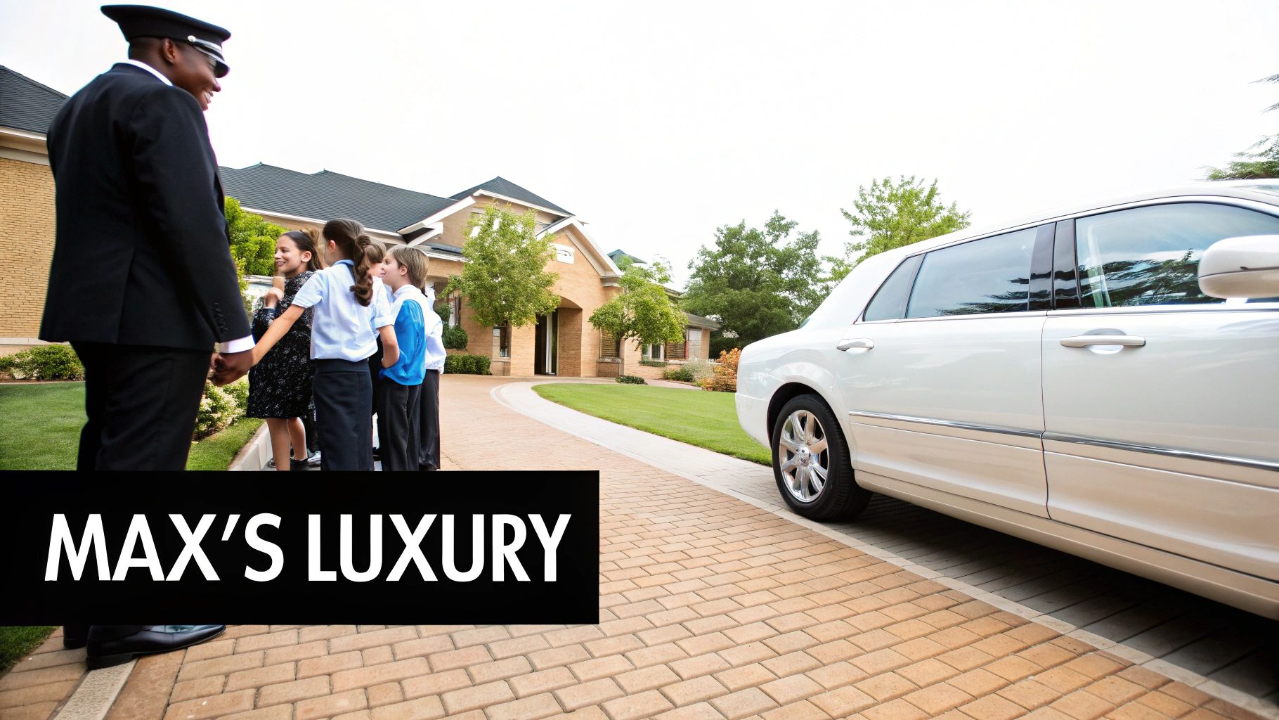 Chauffeur greets smiling children next to a white luxury limousine on a paved driveway.