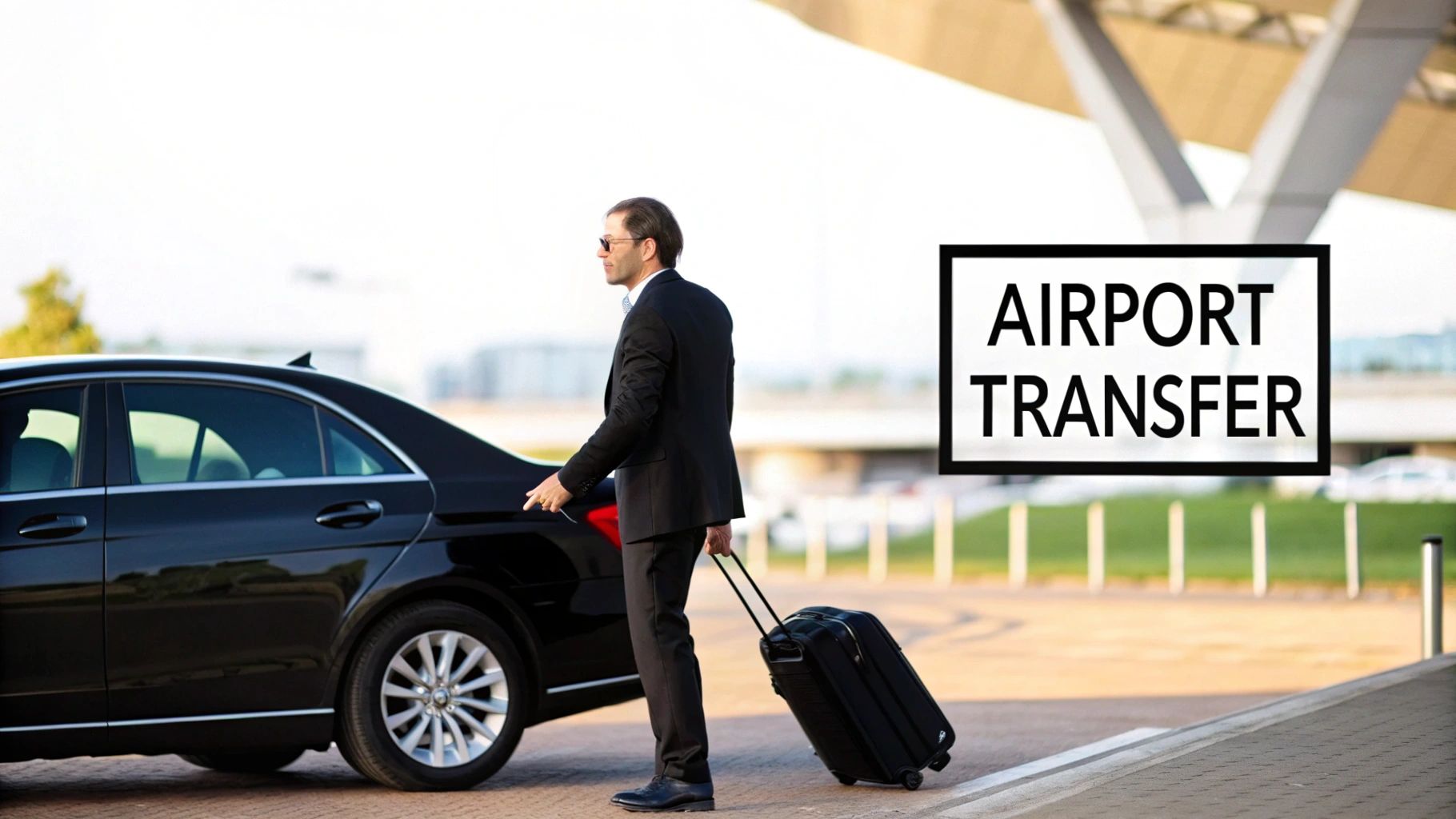 A businessman in a suit with a suitcase next to a black car, indicating airport transfer service.