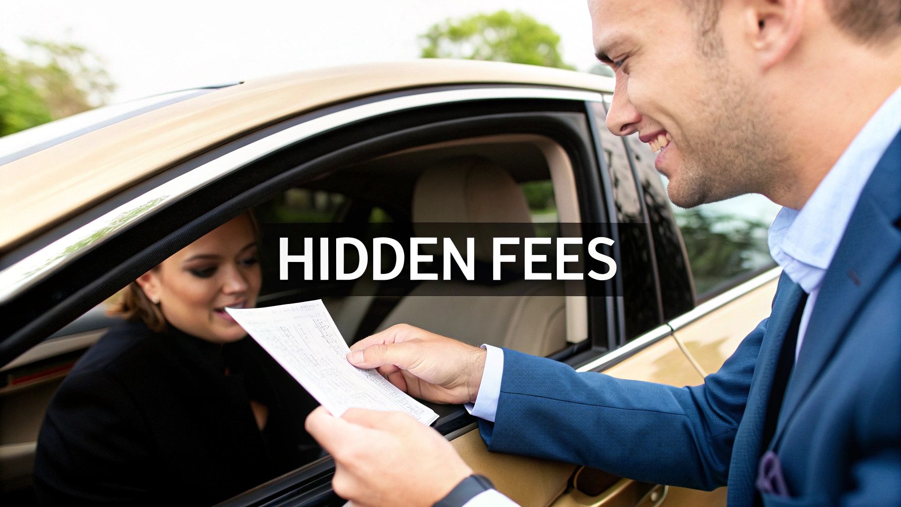 A smiling man in a suit hands a receipt to a woman in a car, with 'HIDDEN FEES' text.