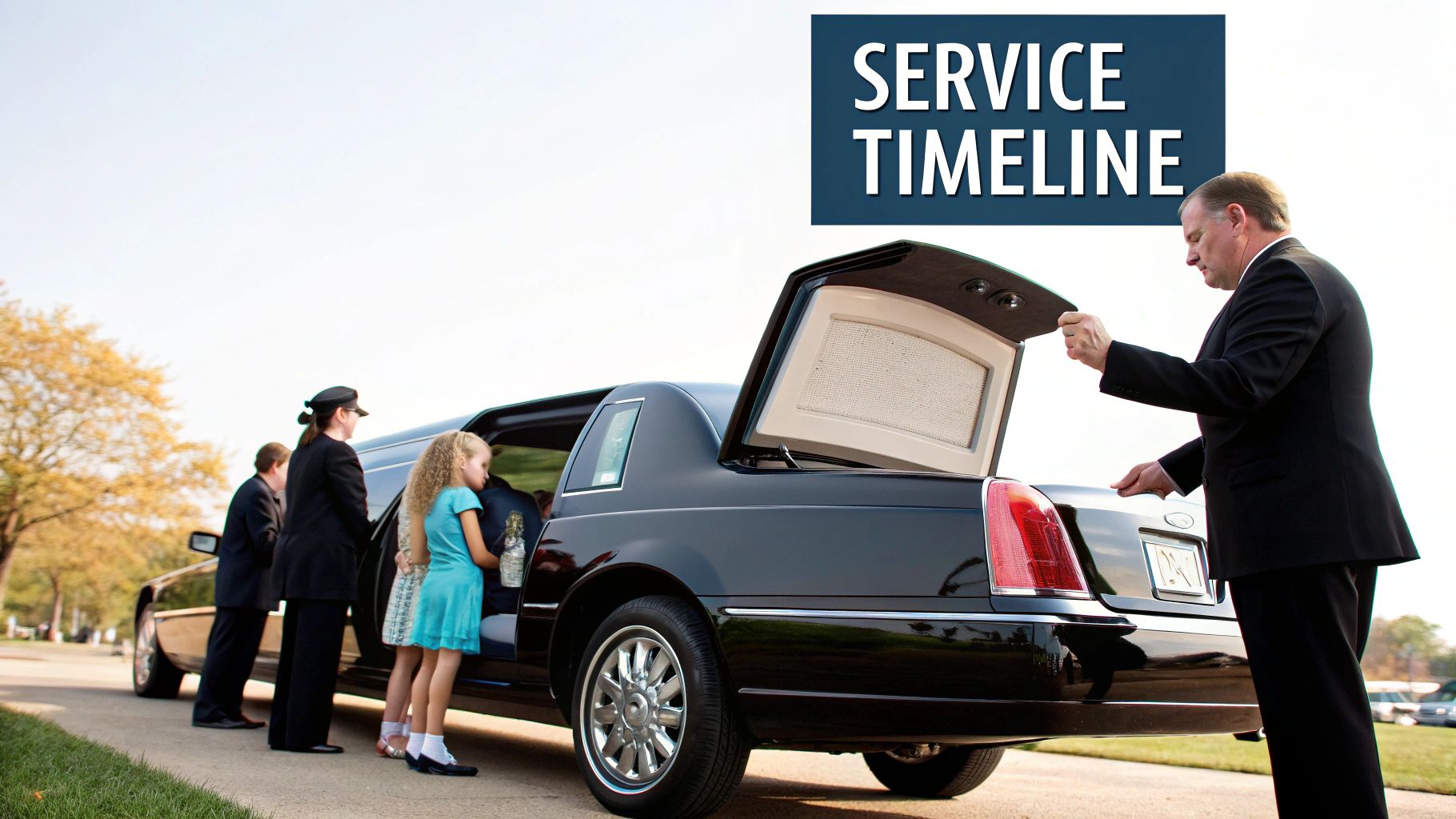 Chauffeur assists children entering a black limousine while a man opens the trunk.