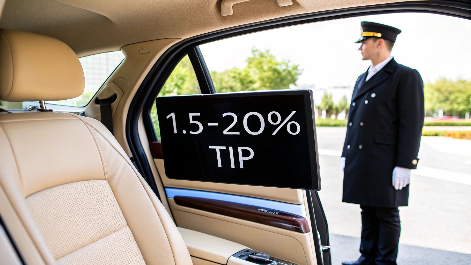 A screen inside a luxury car displays '1.5-20% TIP' next to a uniformed chauffeur.