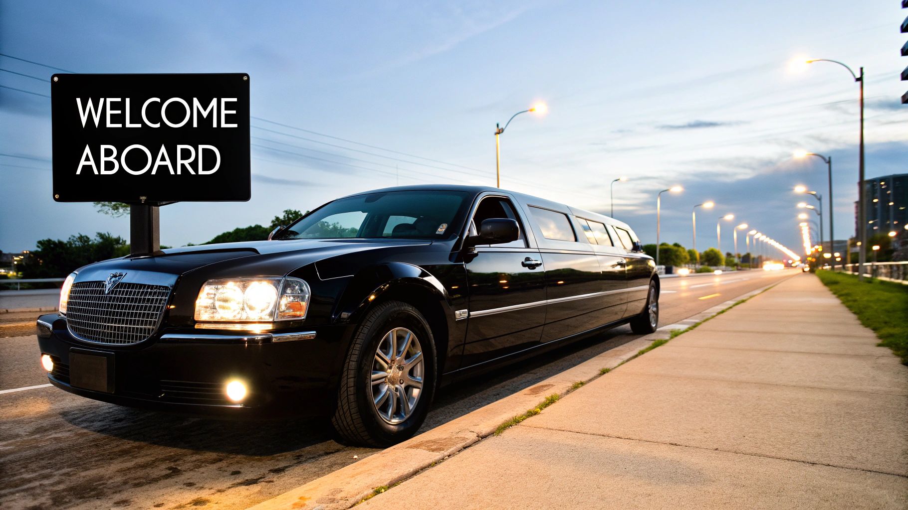 Elegant black limousine parked in front of a modern Chicago building at dusk