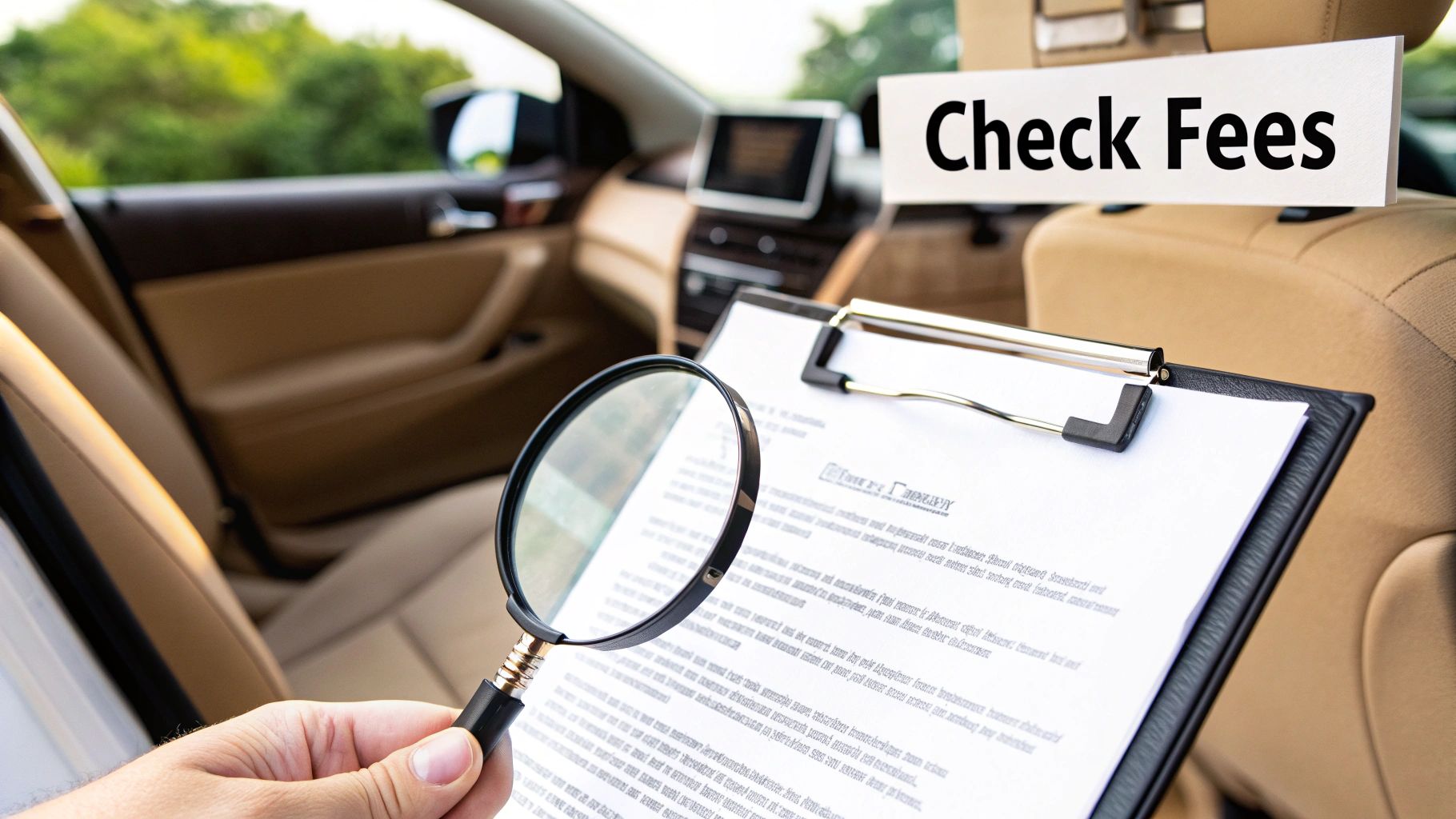 A hand holds a magnifying glass over a document on a clipboard inside a car, with a "Check Fees" sign visible.