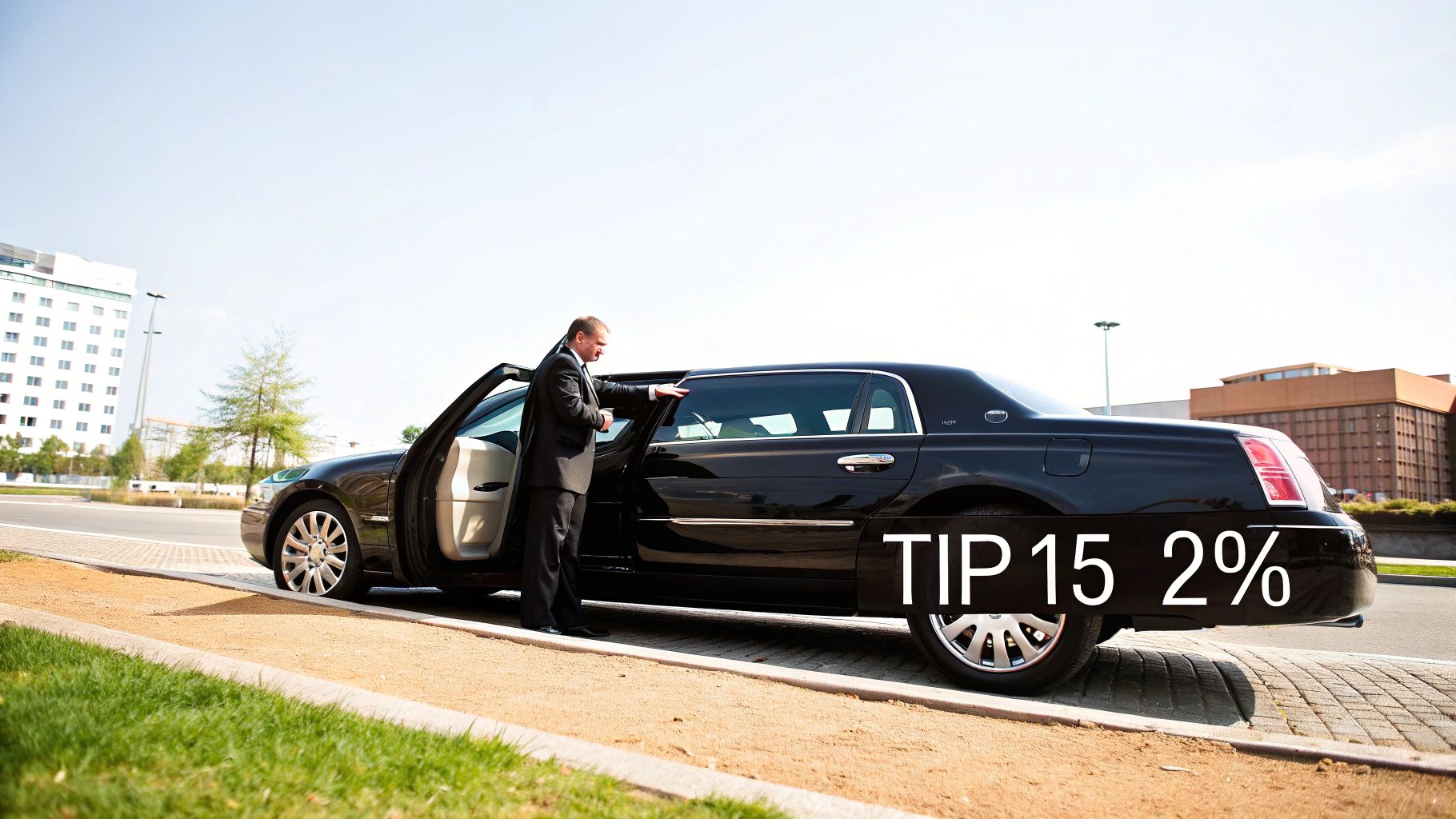 A professional limo driver standing in front of a sleek black limousine.