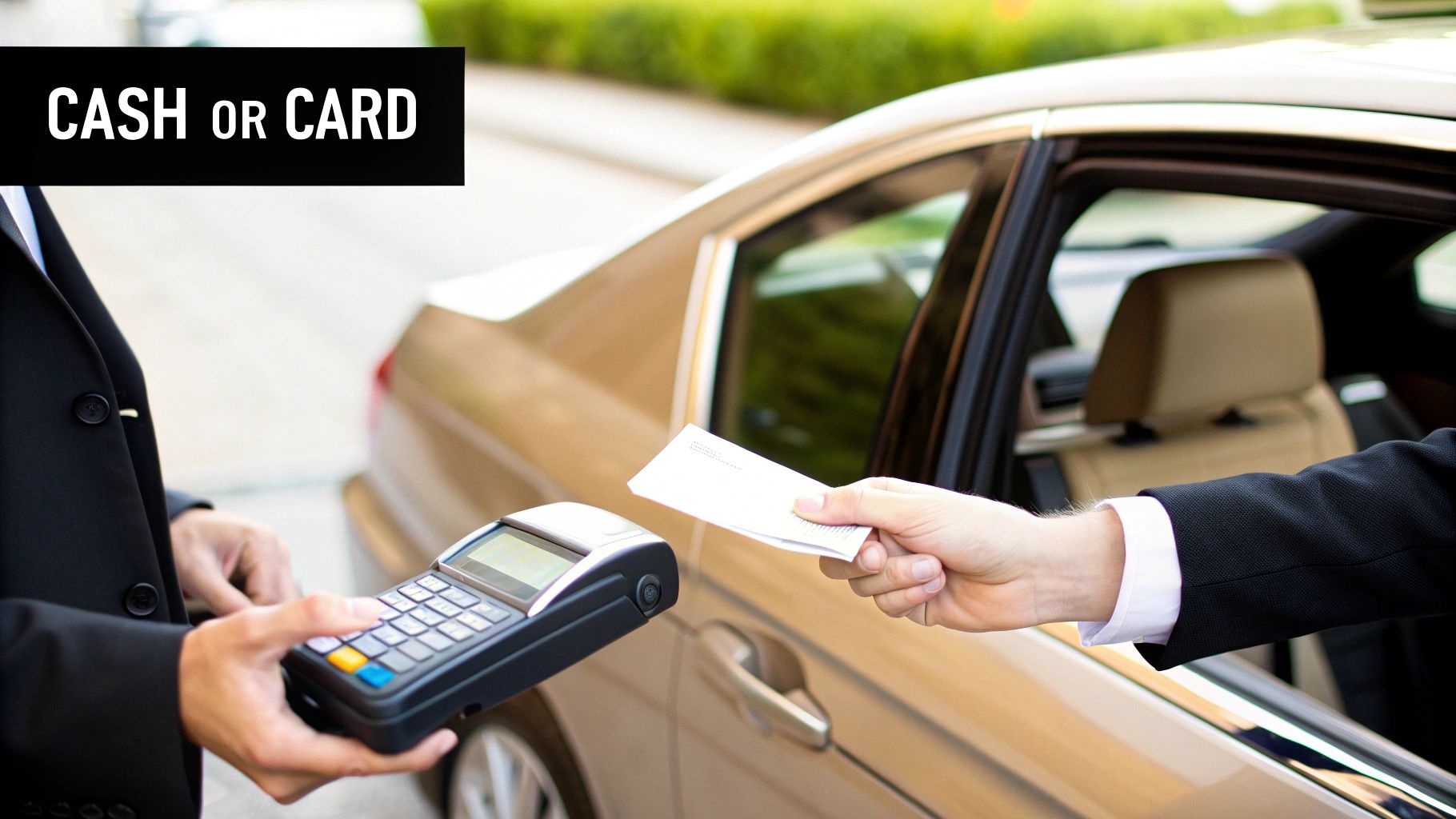 Person paying for luxury car service with credit card using portable payment terminal device