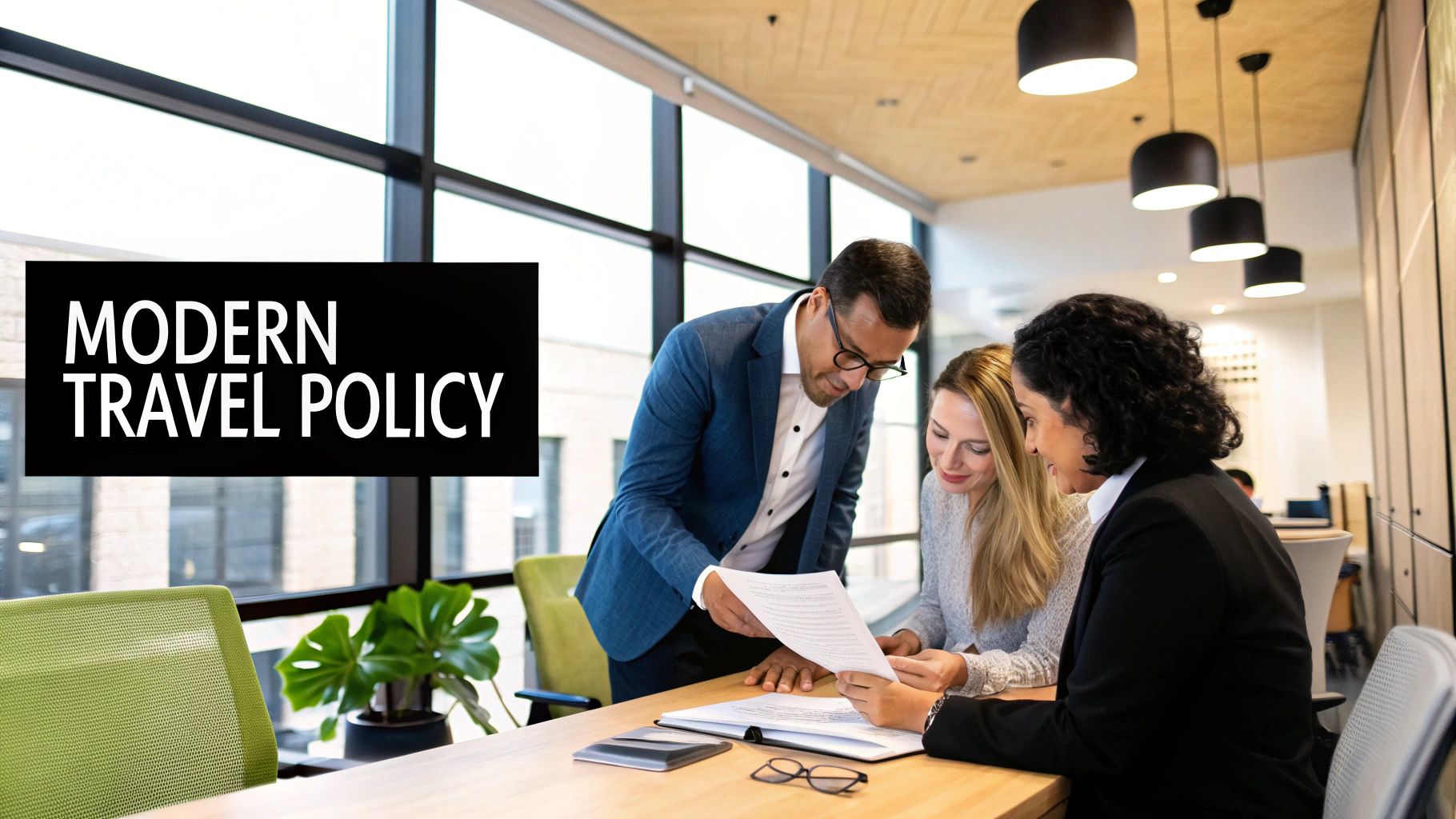 A professional writing a corporate travel policy at a desk, with a laptop and documents.