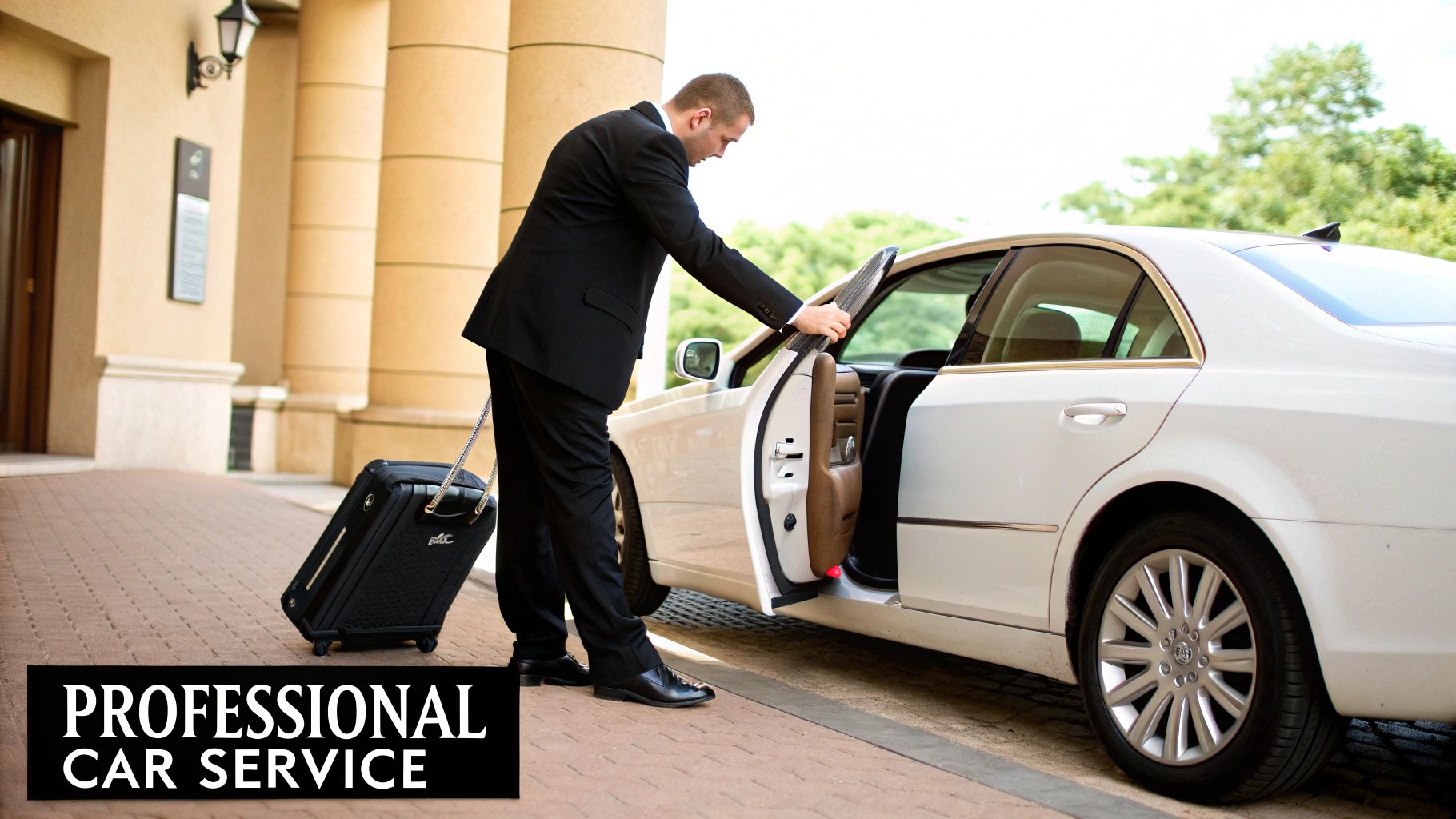 A professional chauffeur in a black suit opening a white luxury car door, with a suitcase.