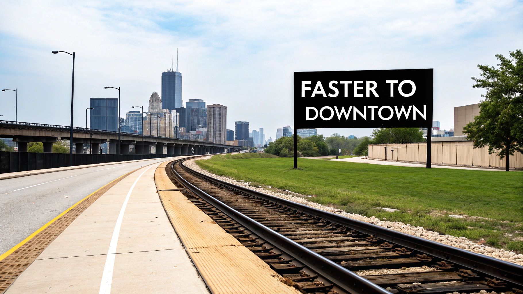 Train tracks and a road curving towards a distant city skyline with a sign saying 'FASTER TO DOWNTOWN'.