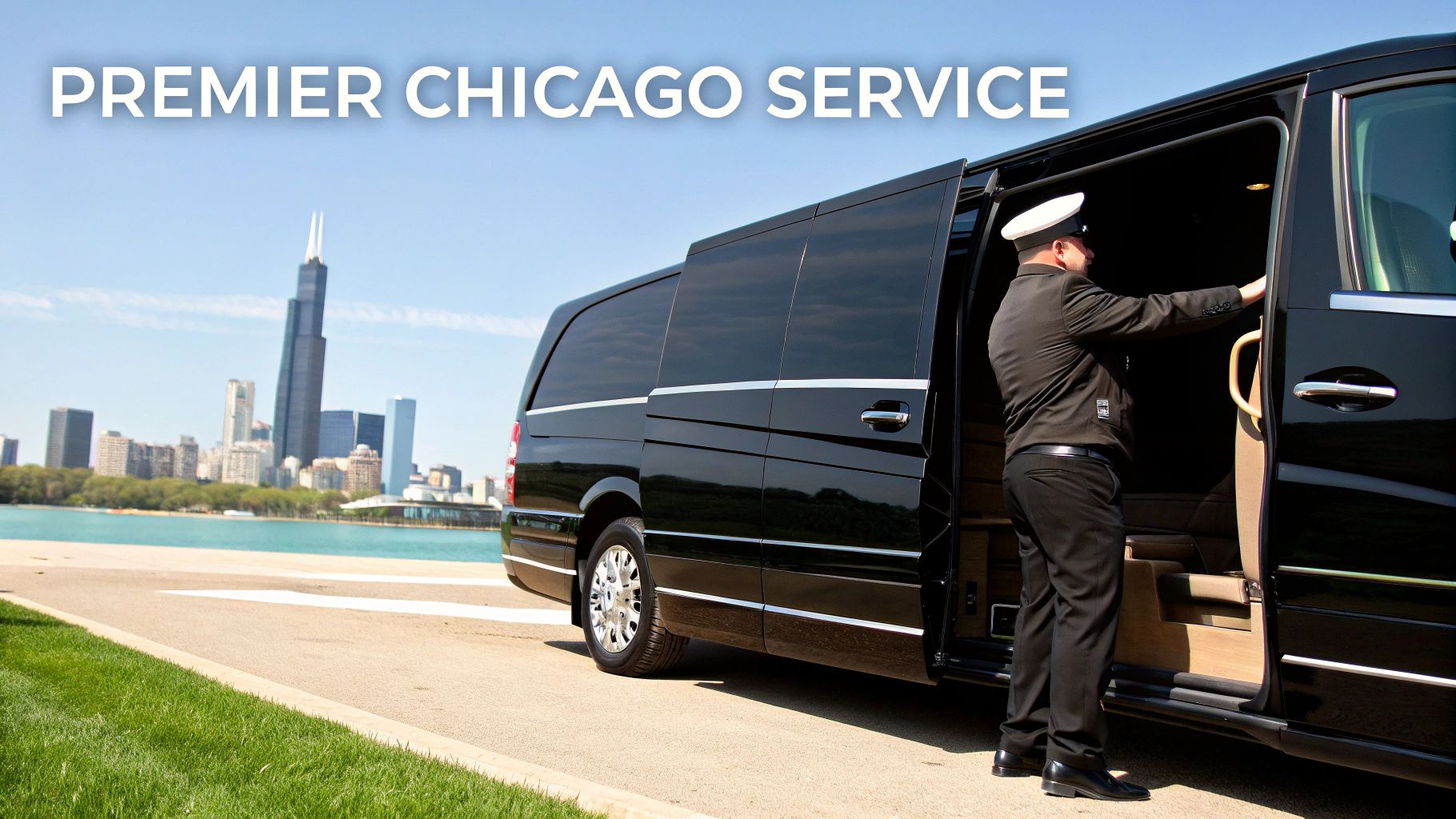 A uniformed chauffeur opens the door of a black luxury van with the Chicago skyline and lake in the background.