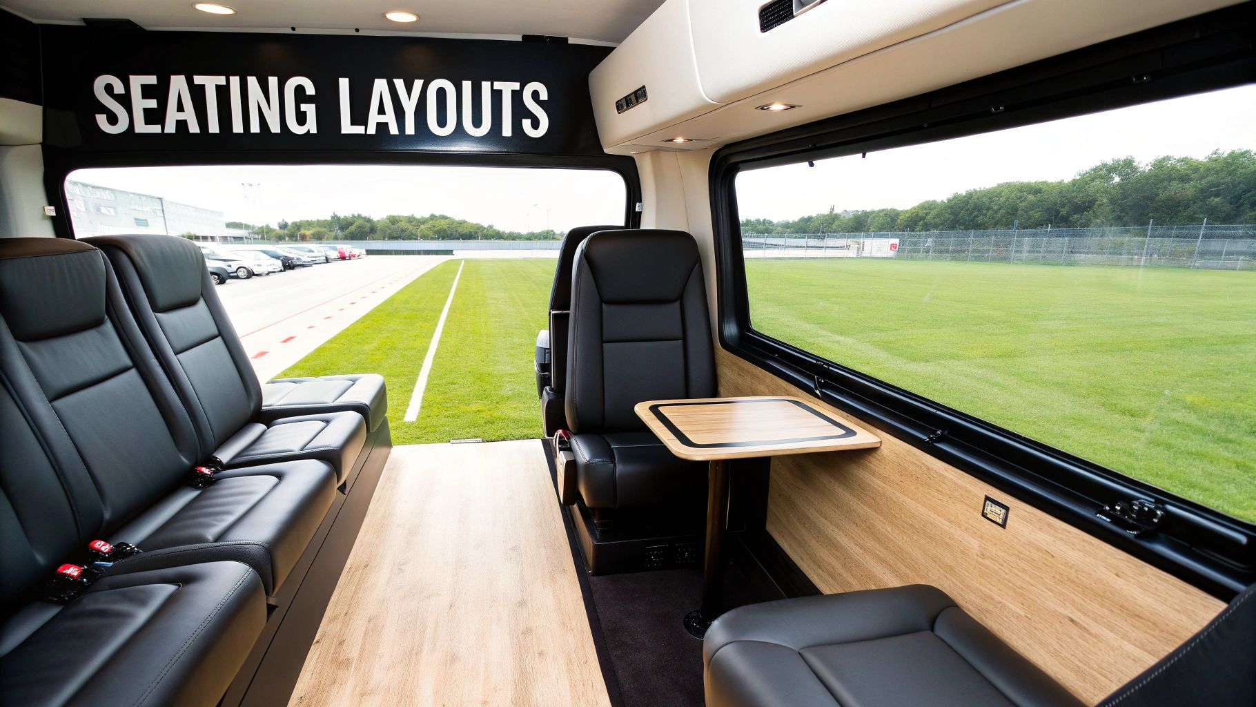 Interior view of a spacious Mercedes limo bus with perimeter seating and custom lighting