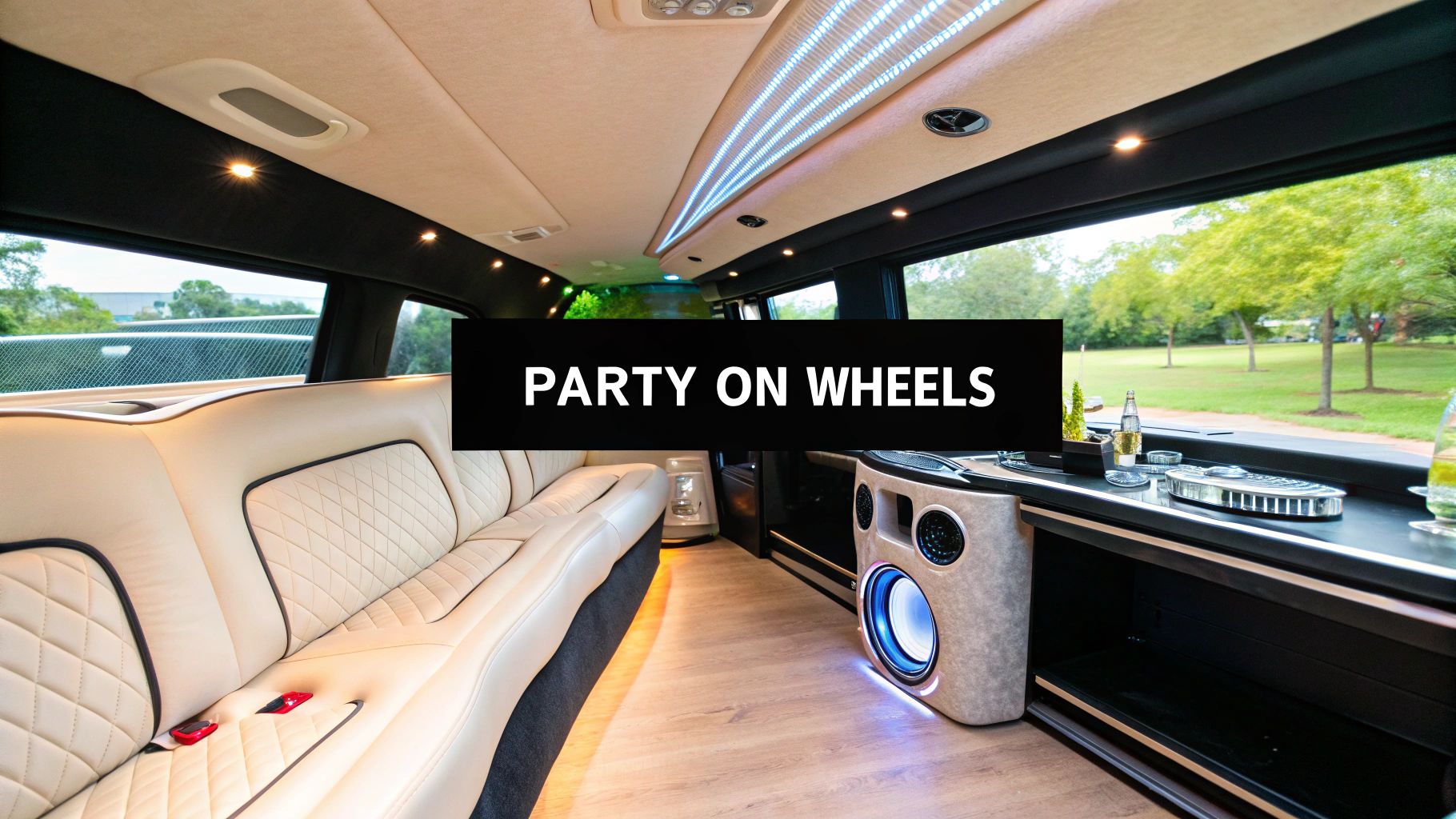 Luxurious limousine interior with plush cream leather seats, vibrant LED lighting, a bar, and a large speaker.