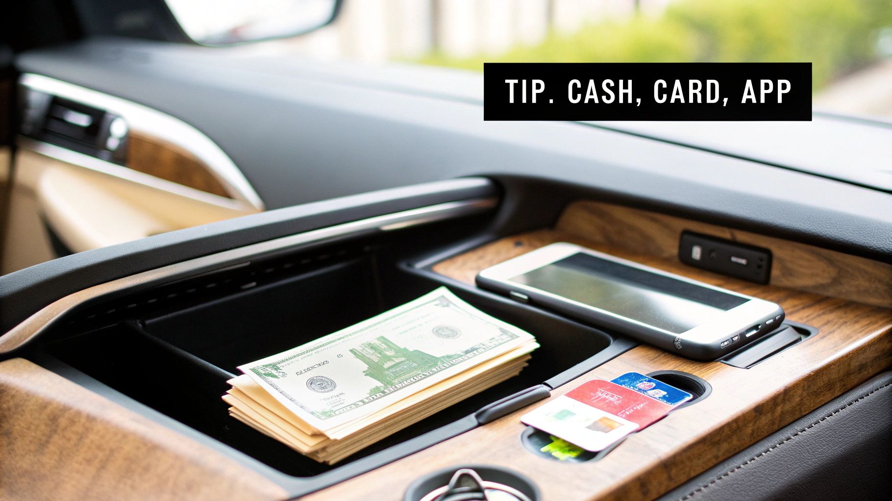 Various payment methods including cash, credit cards, and a smartphone in a car console, labeled 'TIP. CASH, CARD, APP'.