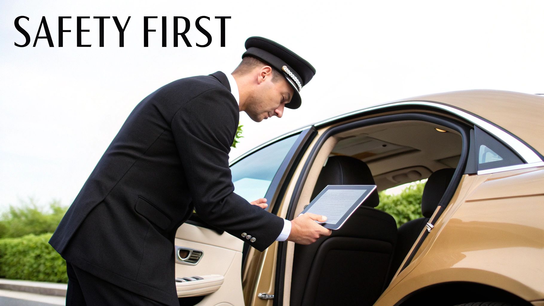 Professional chauffeur in uniform checking tablet by luxury car door ensuring passenger safety