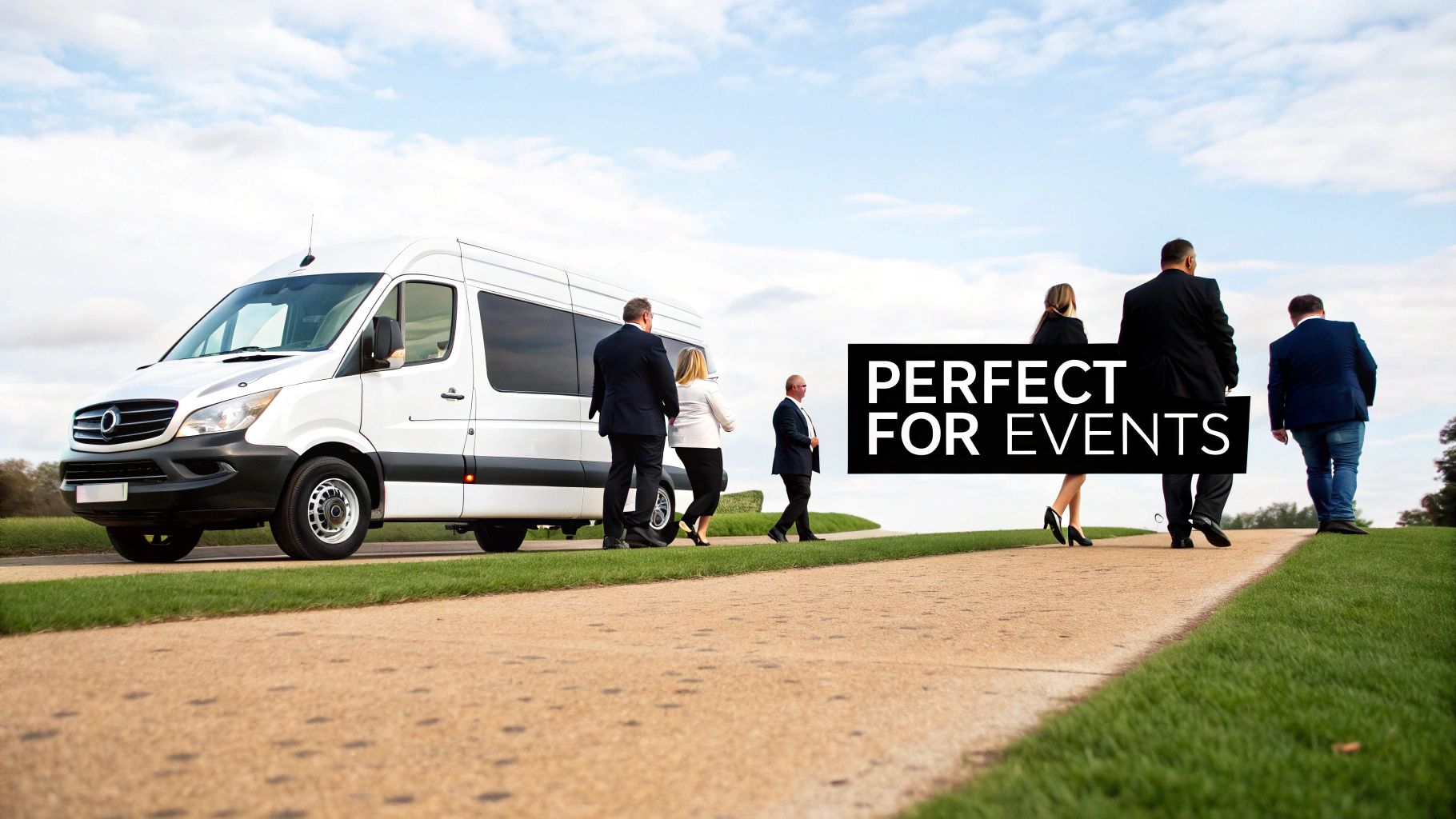 A white 12-passenger Mercedes Sprinter van, with business professionals walking nearby, perfect for events.