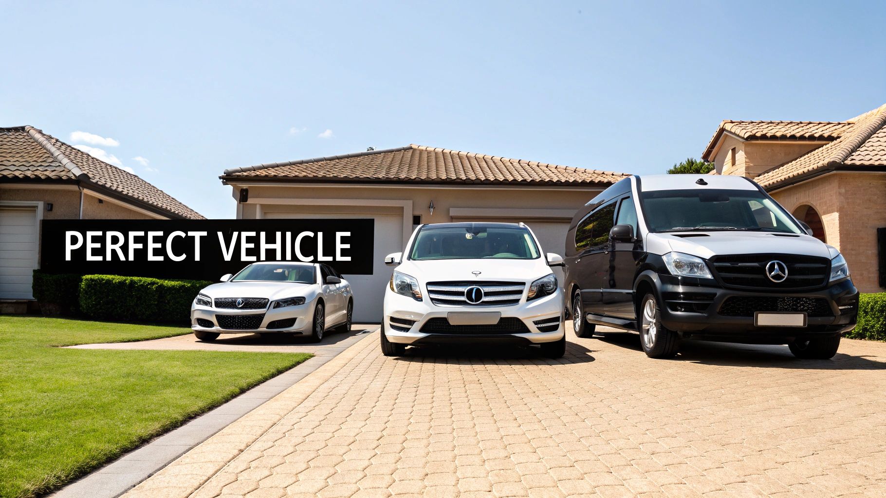 Luxury white Mercedes vehicles parked in upscale residential driveway with modern suburban homes