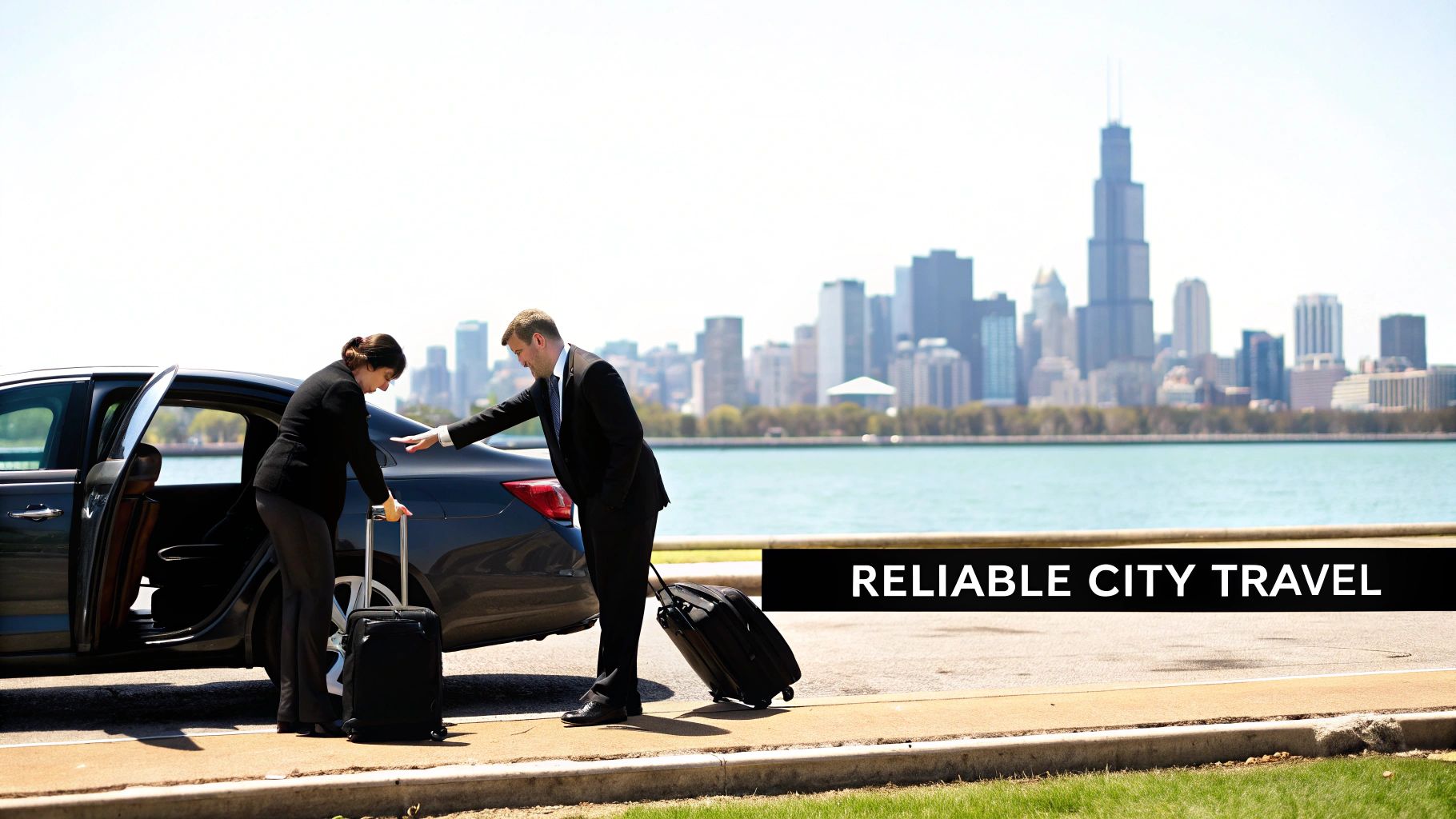 A chauffeur helps a woman with her luggage next to a black car, with the Chicago skyline in the background.