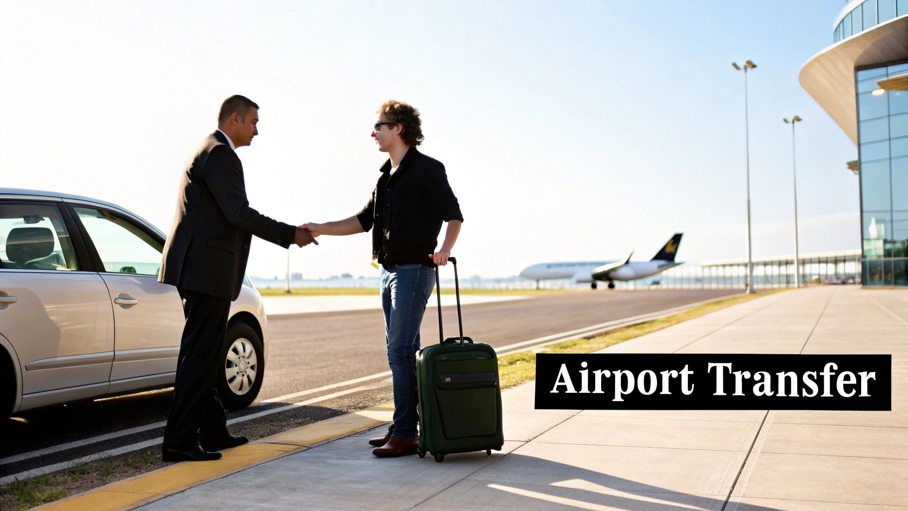 A luxury black SUV waiting for a passenger at O'Hare International Airport