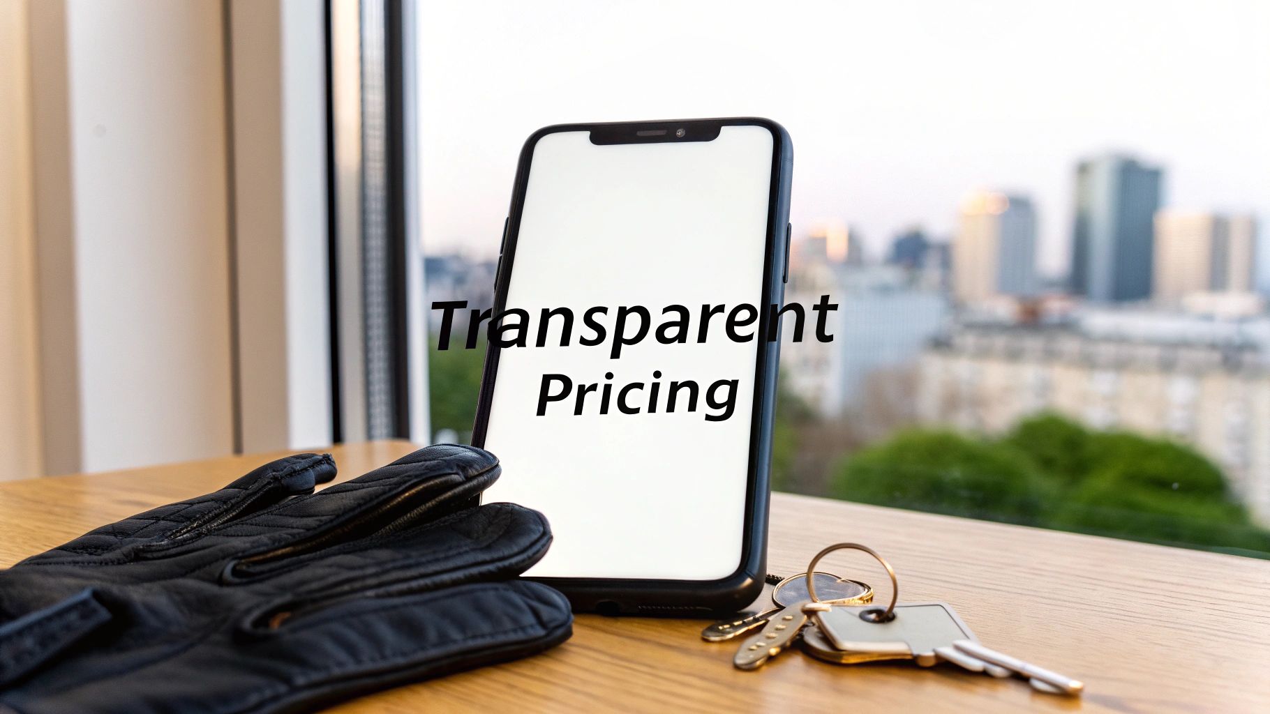 A person using a smartphone to book a black car service, with a luxury vehicle visible in the background.