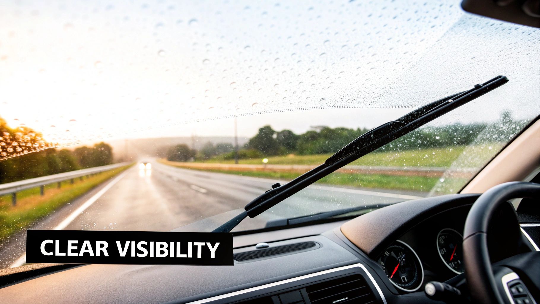 A car's windshield with raindrops and a wiper, ensuring clear visibility on a wet road at sunset.