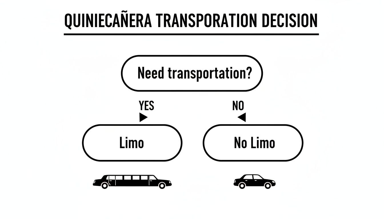 A simple flowchart illustrating Quinceañera transportation decisions, offering a choice between a limo or no limo.