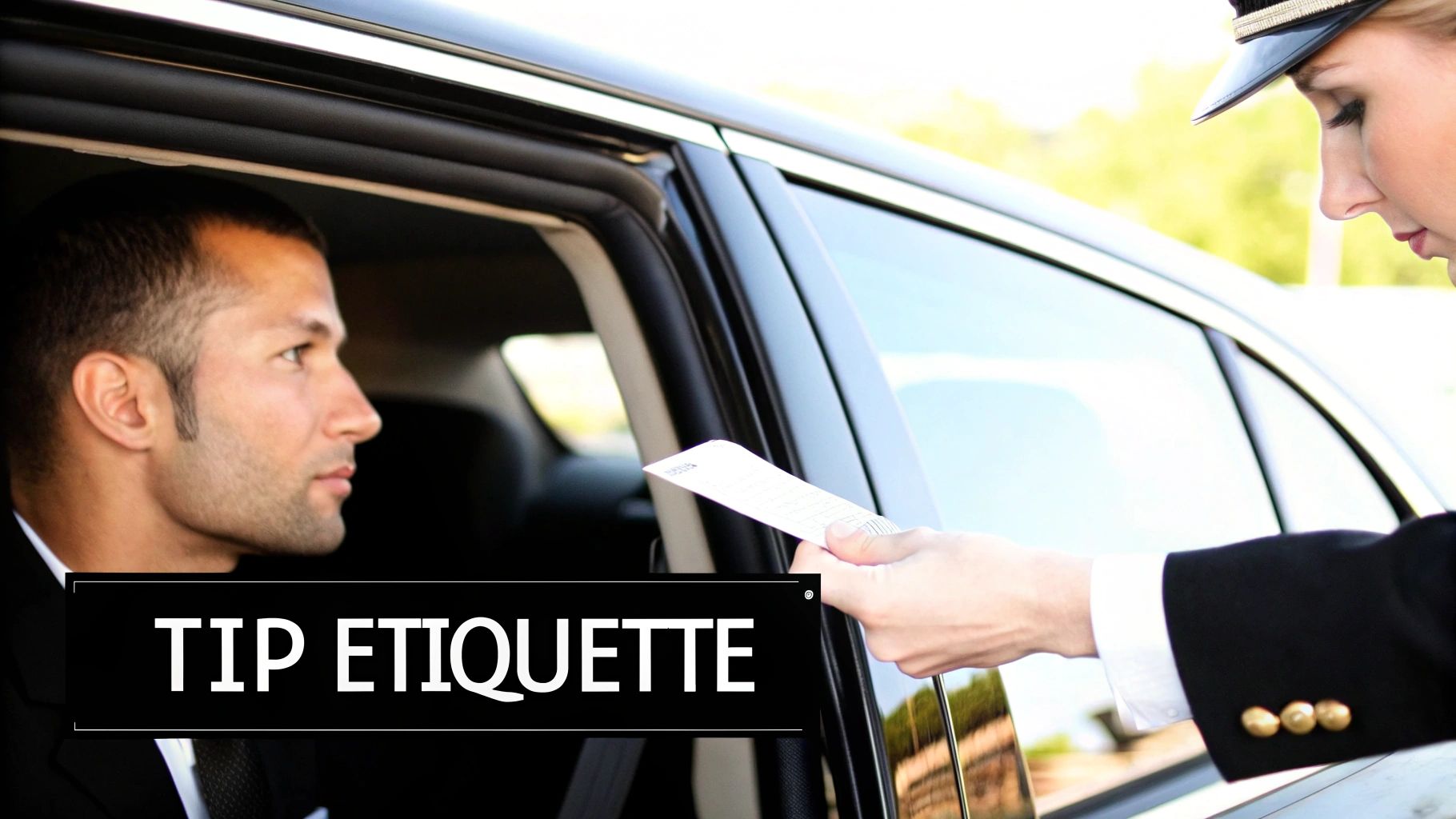 A uniformed chauffeur hands a receipt to a man in a suit seated in a luxury car, illustrating tip etiquette.