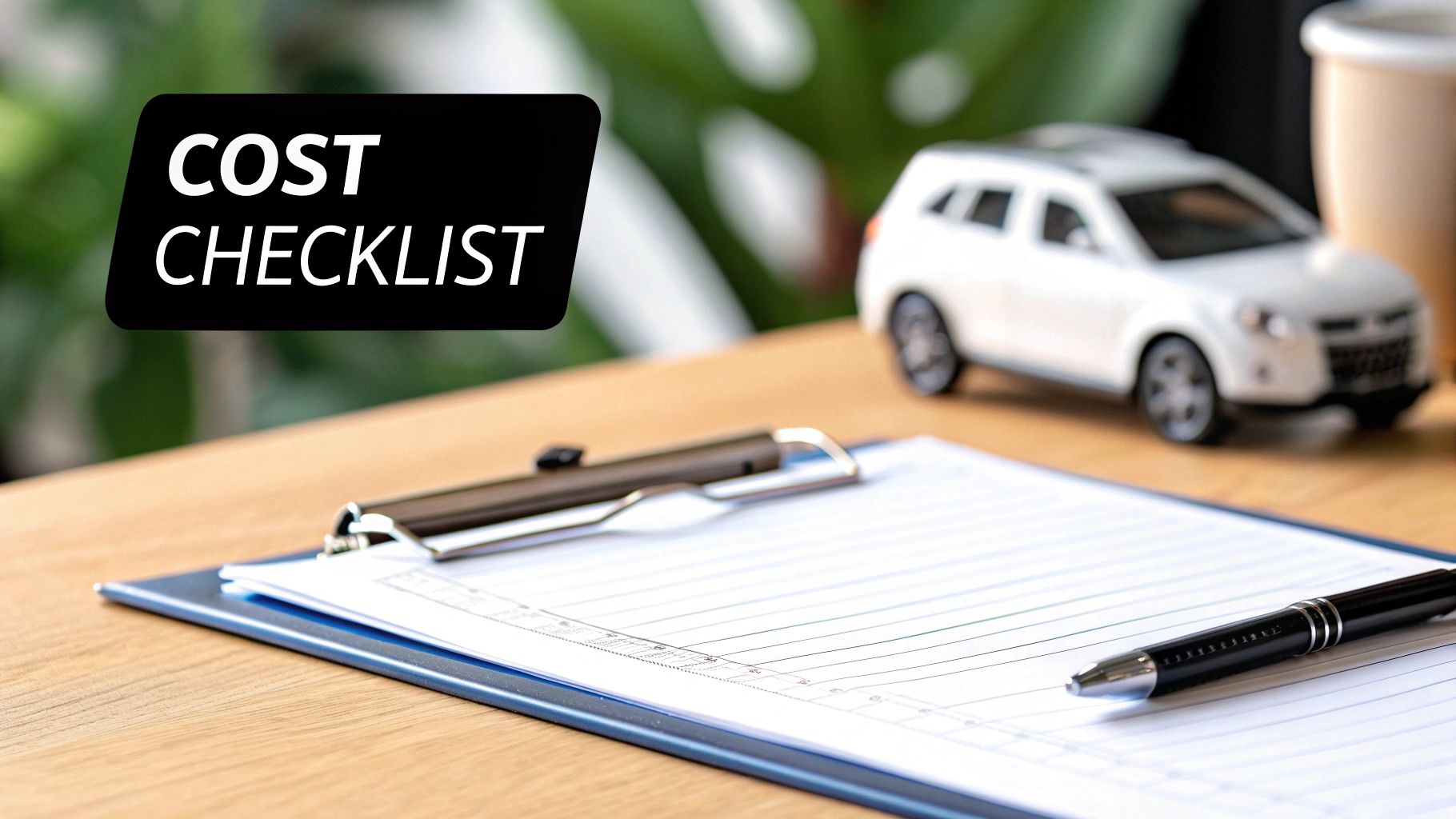 A clipboard with a blank checklist and pen on a table, with a toy car and 'COST CHECKLIST' text.