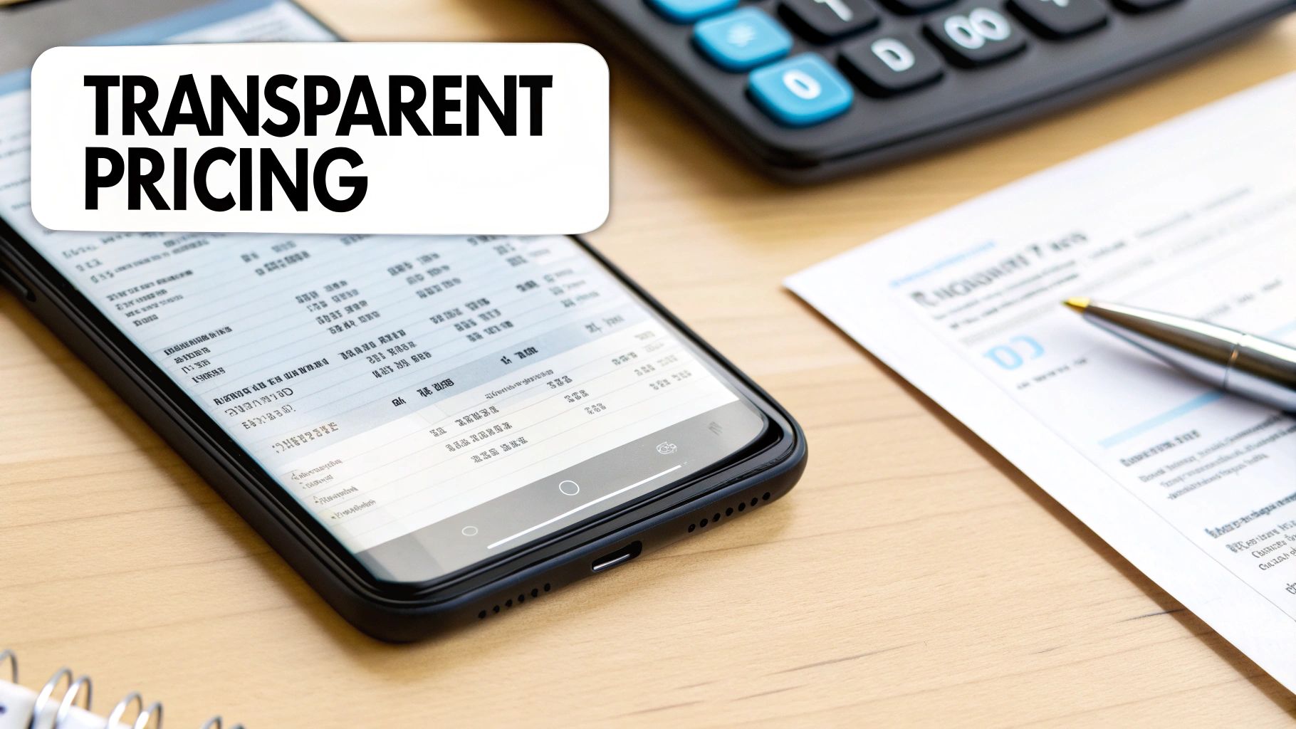 Smartphone displaying financial data, calculator, and a document with 'TRANSPARENT PRICING' text.