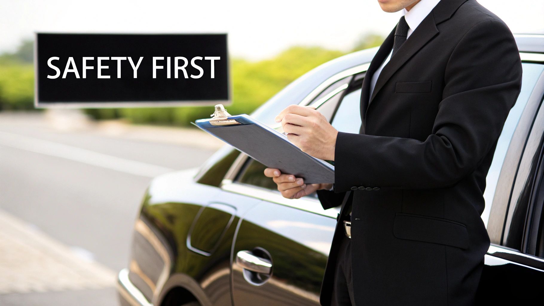 A man in a suit inspects a black car, holding a clipboard and pen, with a 'SAFETY FIRST' sign.