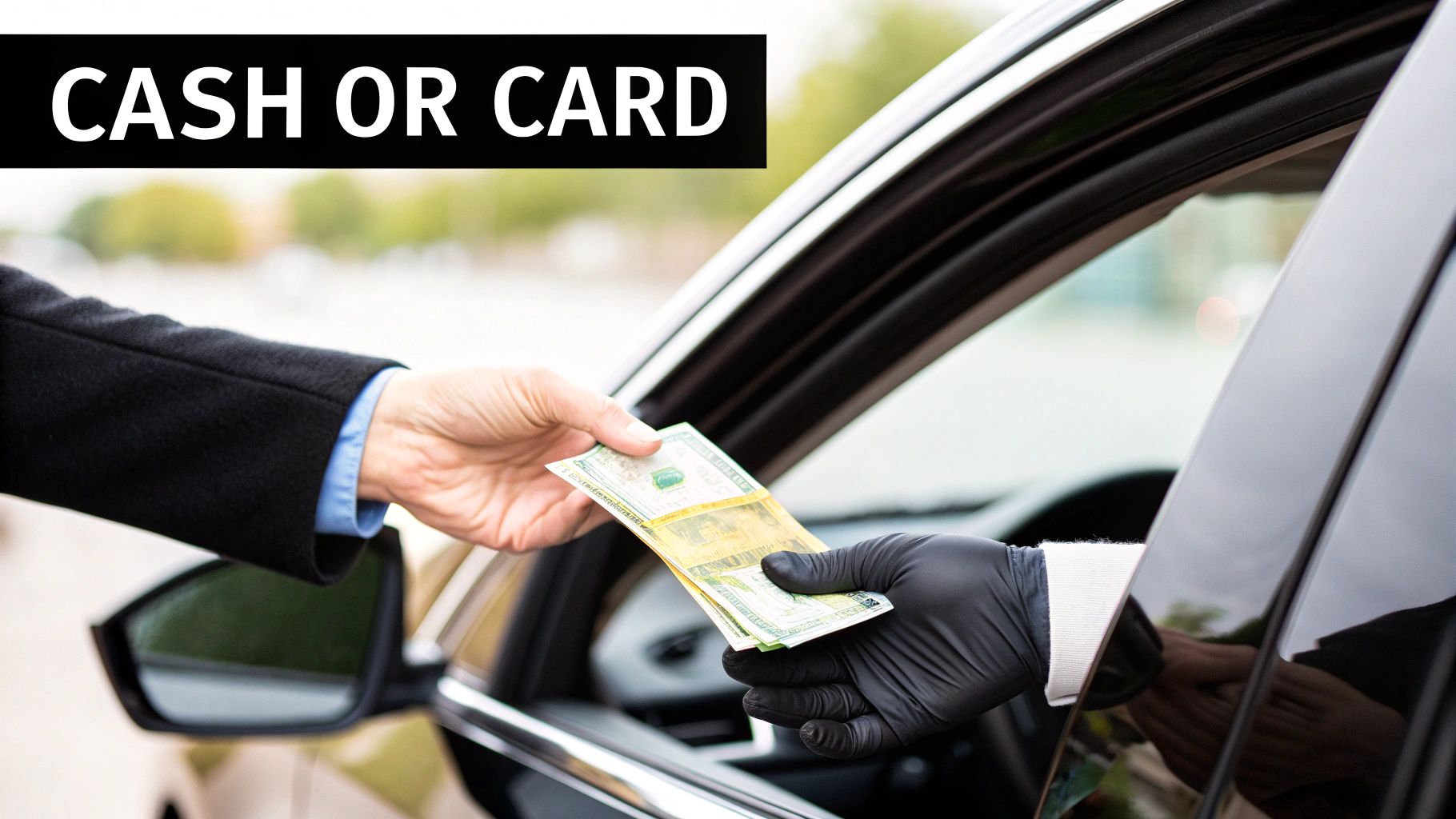 Two hands exchanging cash, one gloved, through a car window with 'CASH OR CARD' overlay.