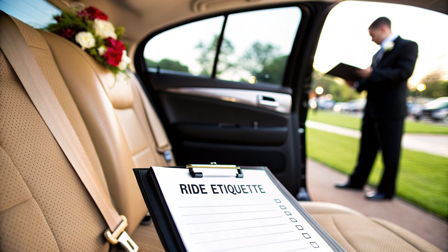 Limousine interior with flowers, a 'Ride Etiquette' clipboard, and a chauffeur standing outside.
