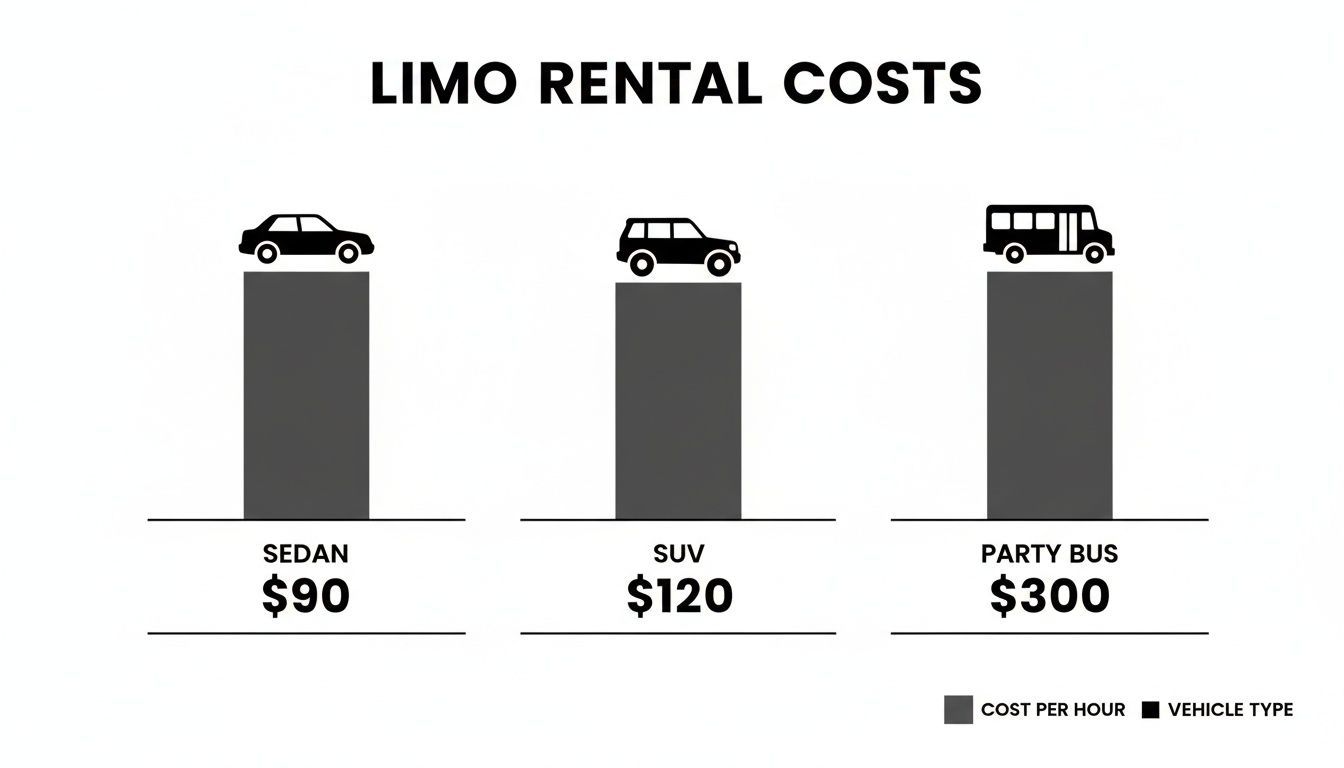 A bar chart visually comparing hourly limo rental costs for sedan, SUV, and party bus options.