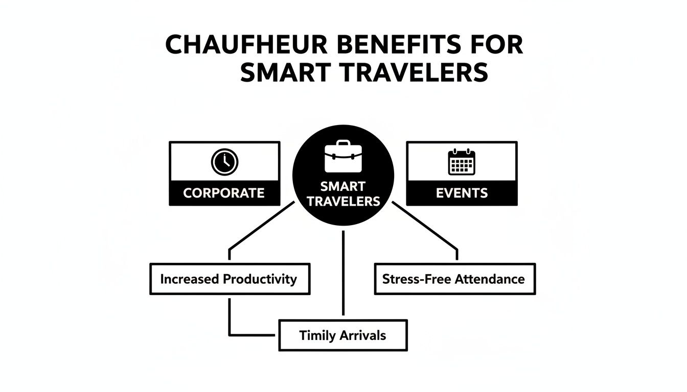 Diagram illustrating chauffeur benefits for smart travelers, detailing advantages for corporate and events, including productivity, stress-free attendance, and timely arrivals.