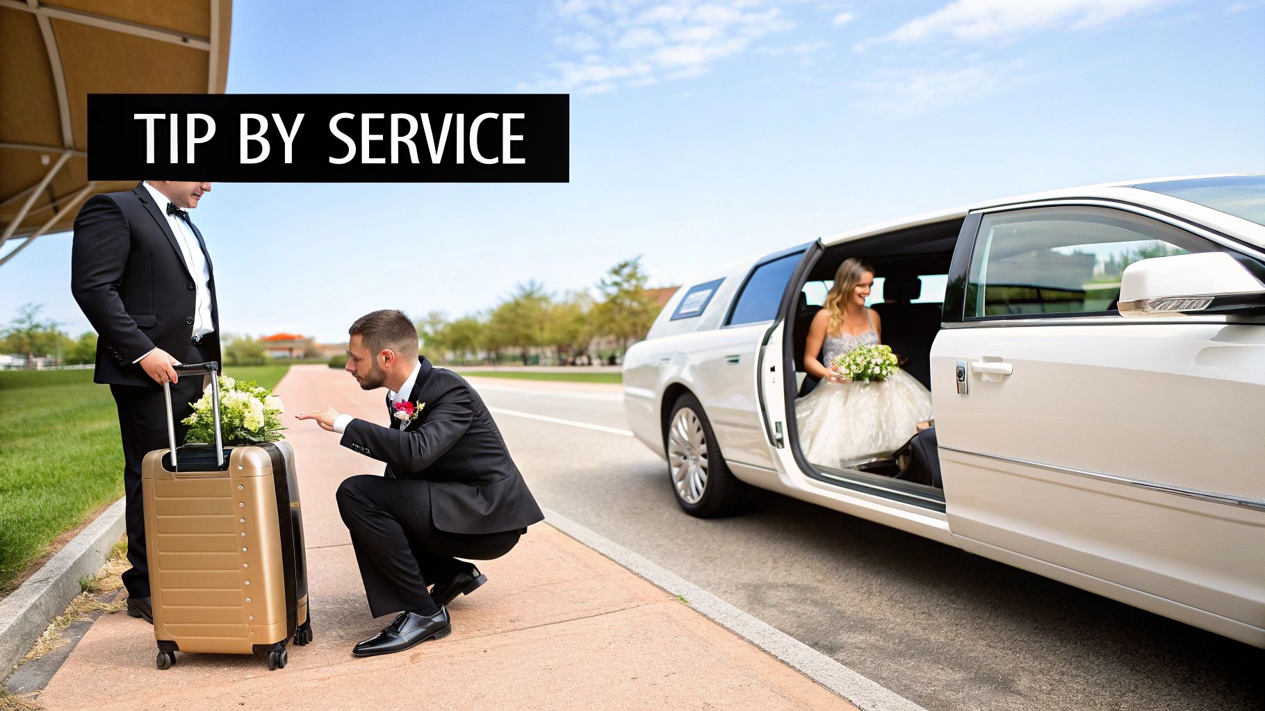 A bellhop holds luggage with flowers, a groom crouches, and a bride smiles in a white limousine.