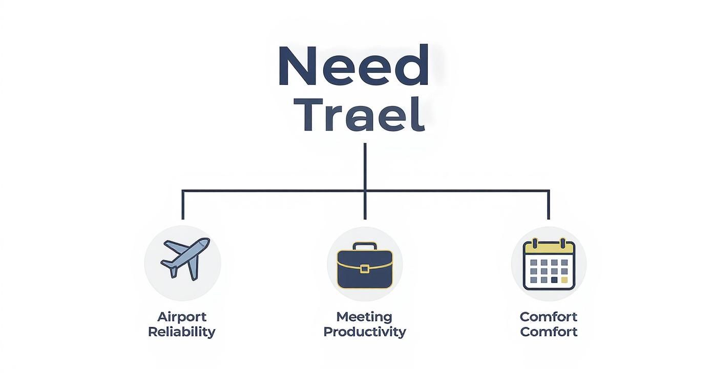 Infographic decision tree showing how a black car service provides reliability for airport travel, productivity for meetings, and comfort for special events.