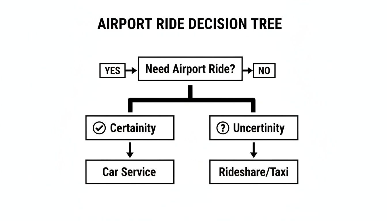 Airport ride decision tree showing options: car service for certainty, rideshare/taxi for uncertainty.