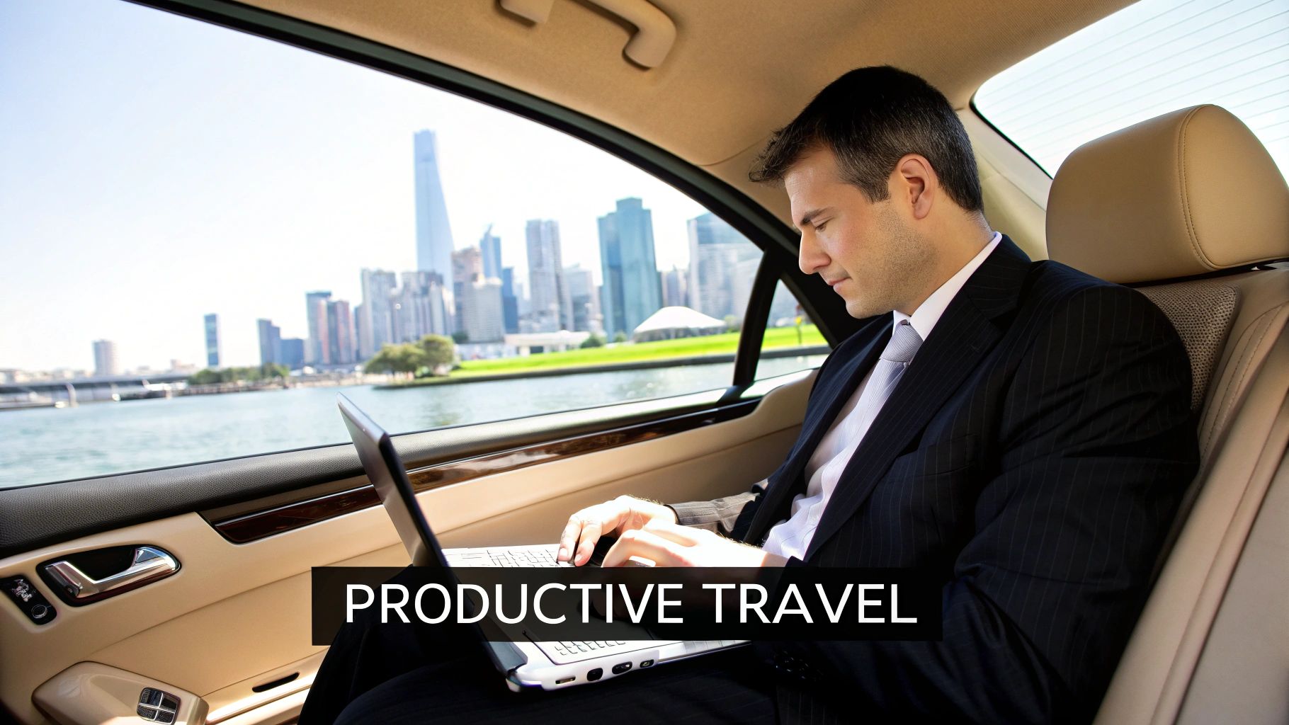 Businessman working on a laptop in the back of a luxury car with a city skyline view.