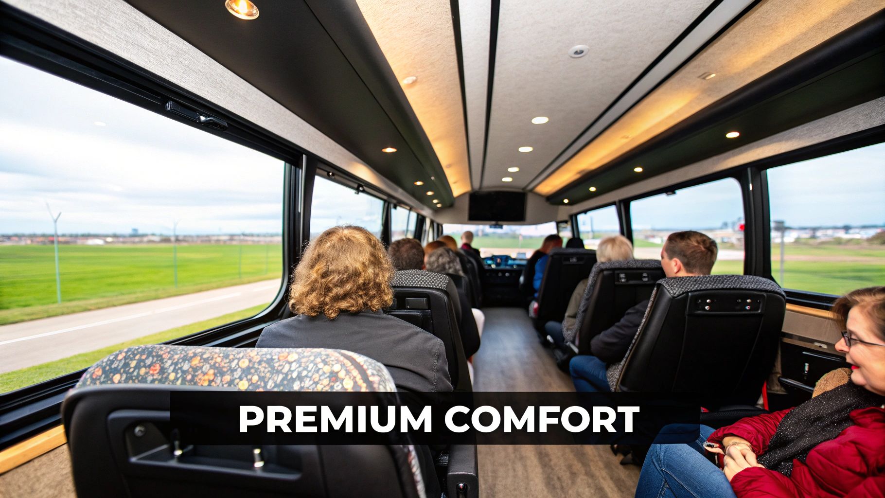 A group of friends celebrating inside a spacious limo bus, glasses raised.